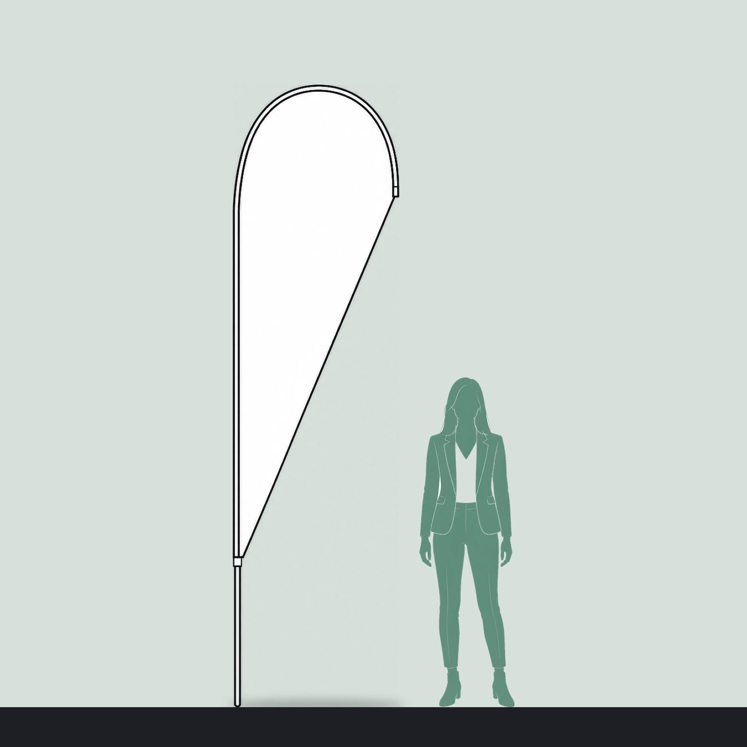 Teardrop flag size guide, 0.86 m wide by 3.21 m high, shown next to a person