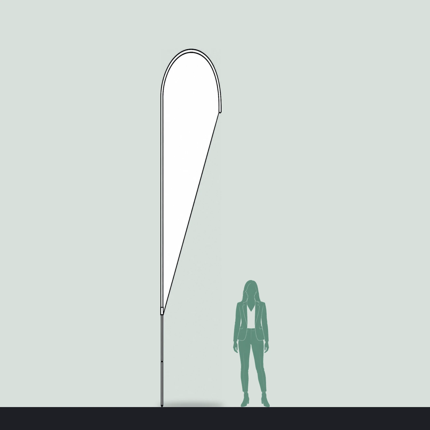 Teardrop flag size guide, 0.82 m wide by 4.8 m high, shown next to a person