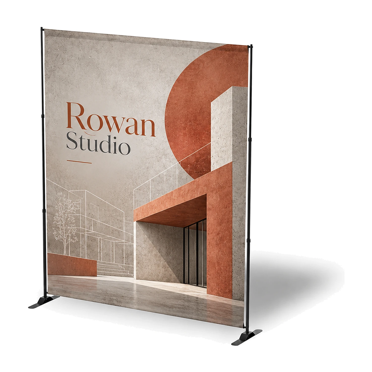 Telescopic tension fabric banner printed with an example design