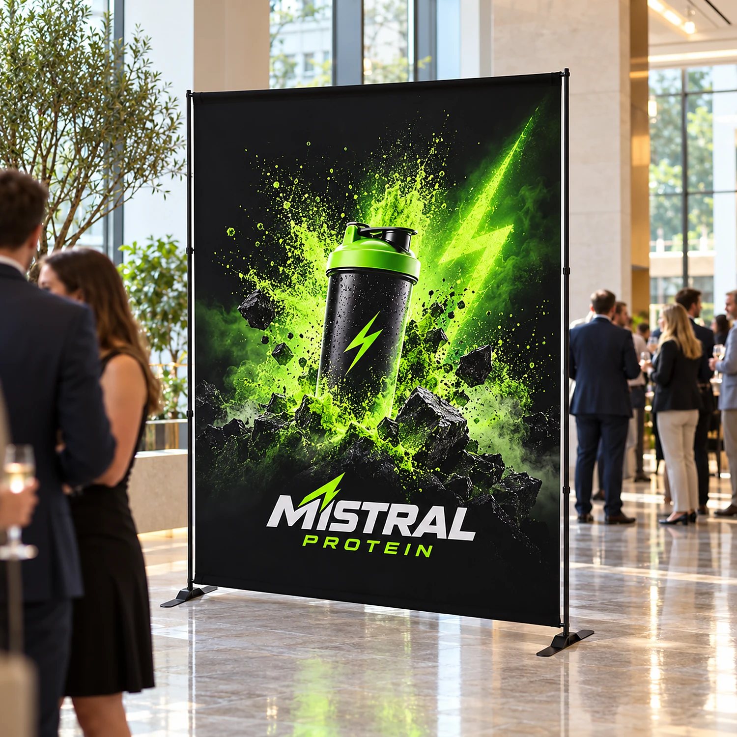 Telescopic tension fabric banner at a corporate event in a hotel foyer