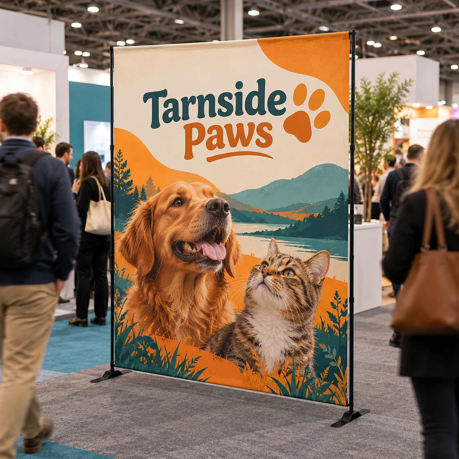 Telescopic tension fabric banner in use at a busy trade show