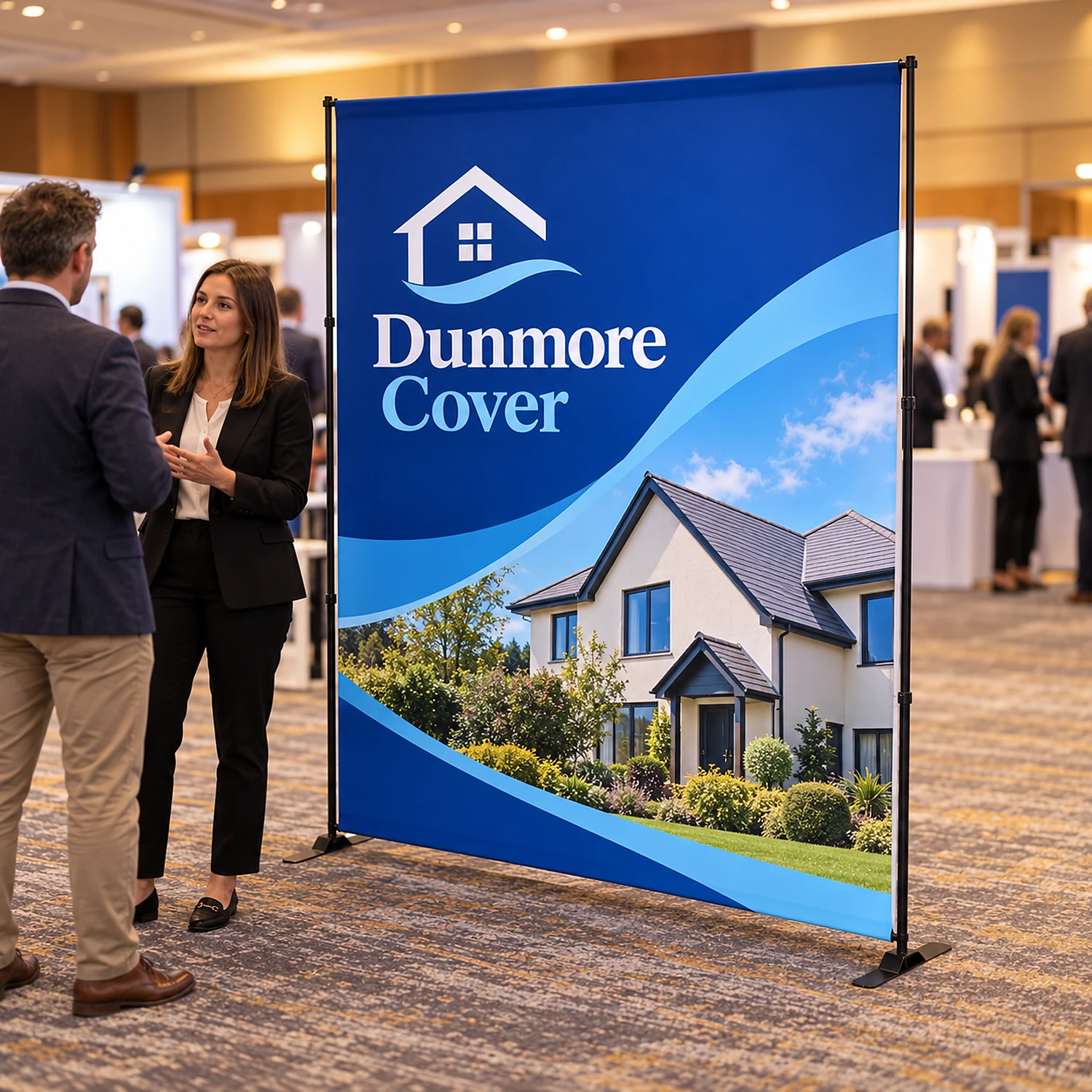 Telescopic tension fabric banner at a business expo with staff talking to a visitor