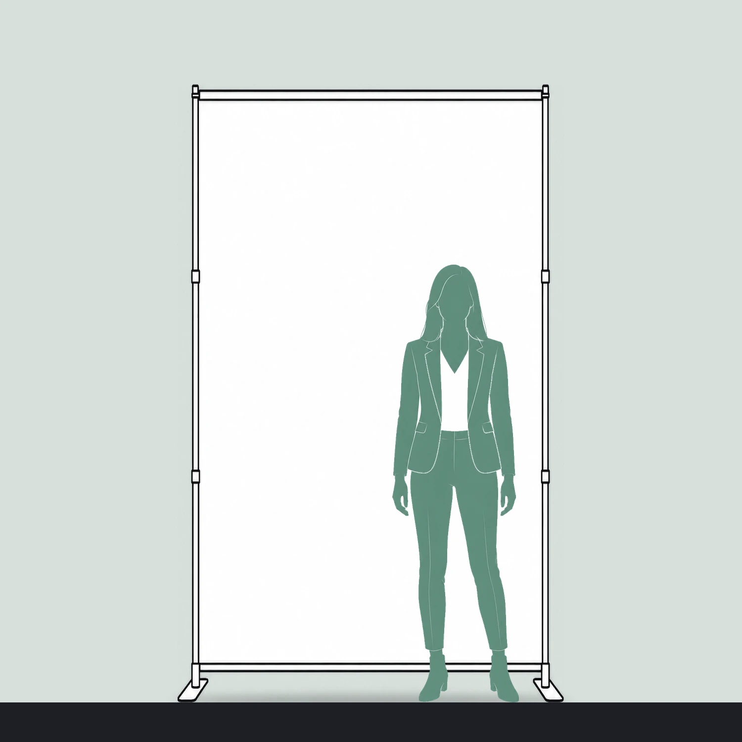 Telescopic tension fabric banner size guide, 1.5 m wide by 2.4 m high, shown next to a person
