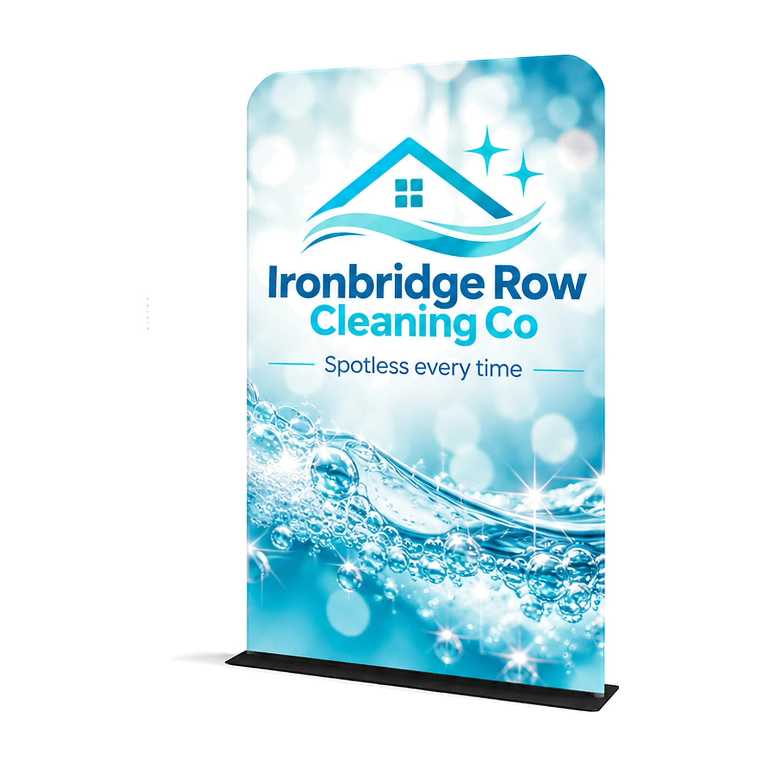 1200mm x 1524mm rounded-corner tension banner stand shown with a second example design