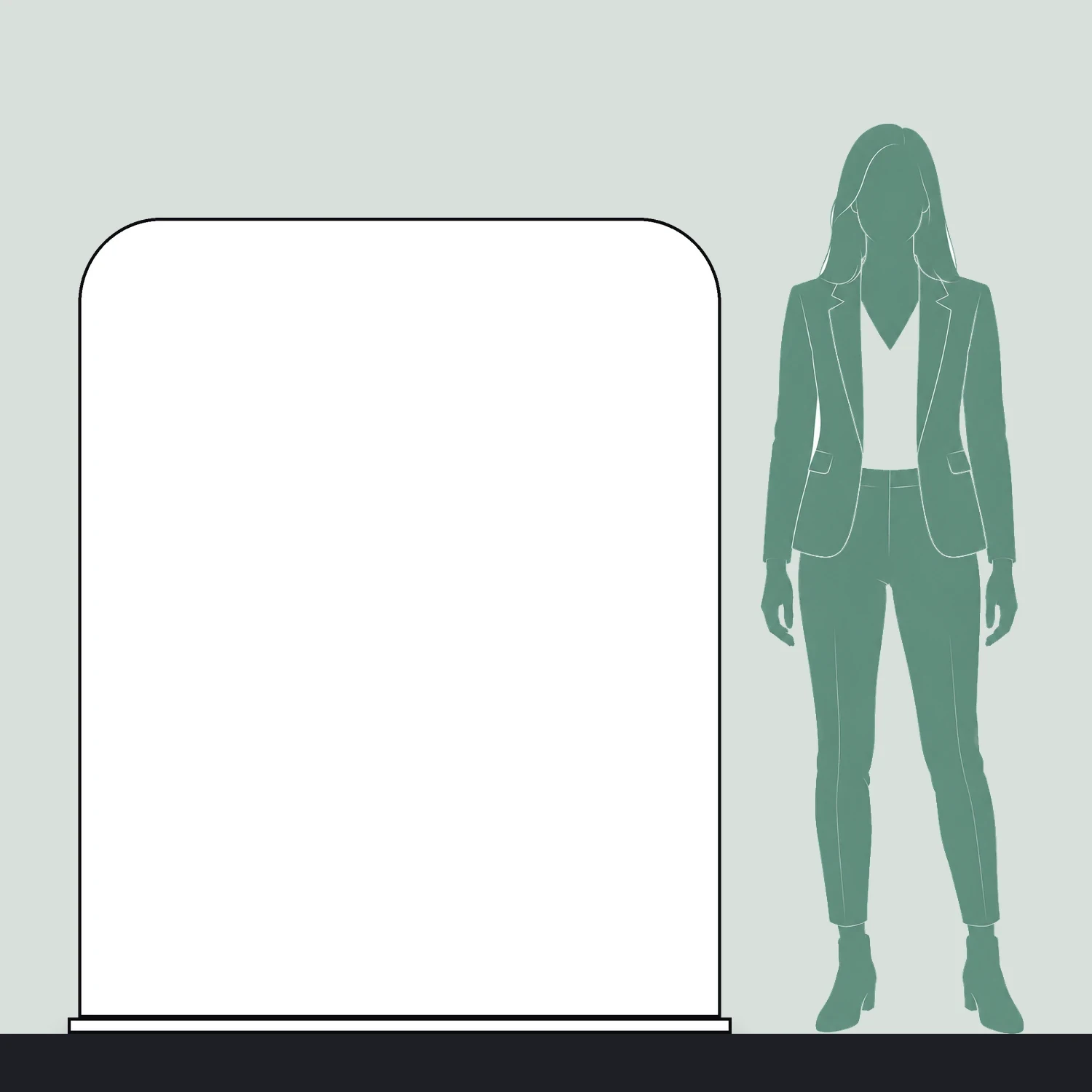 Line drawing of the 1200mm x 1524mm rounded-corner tension banner stand shown to scale next to a 1.7m person