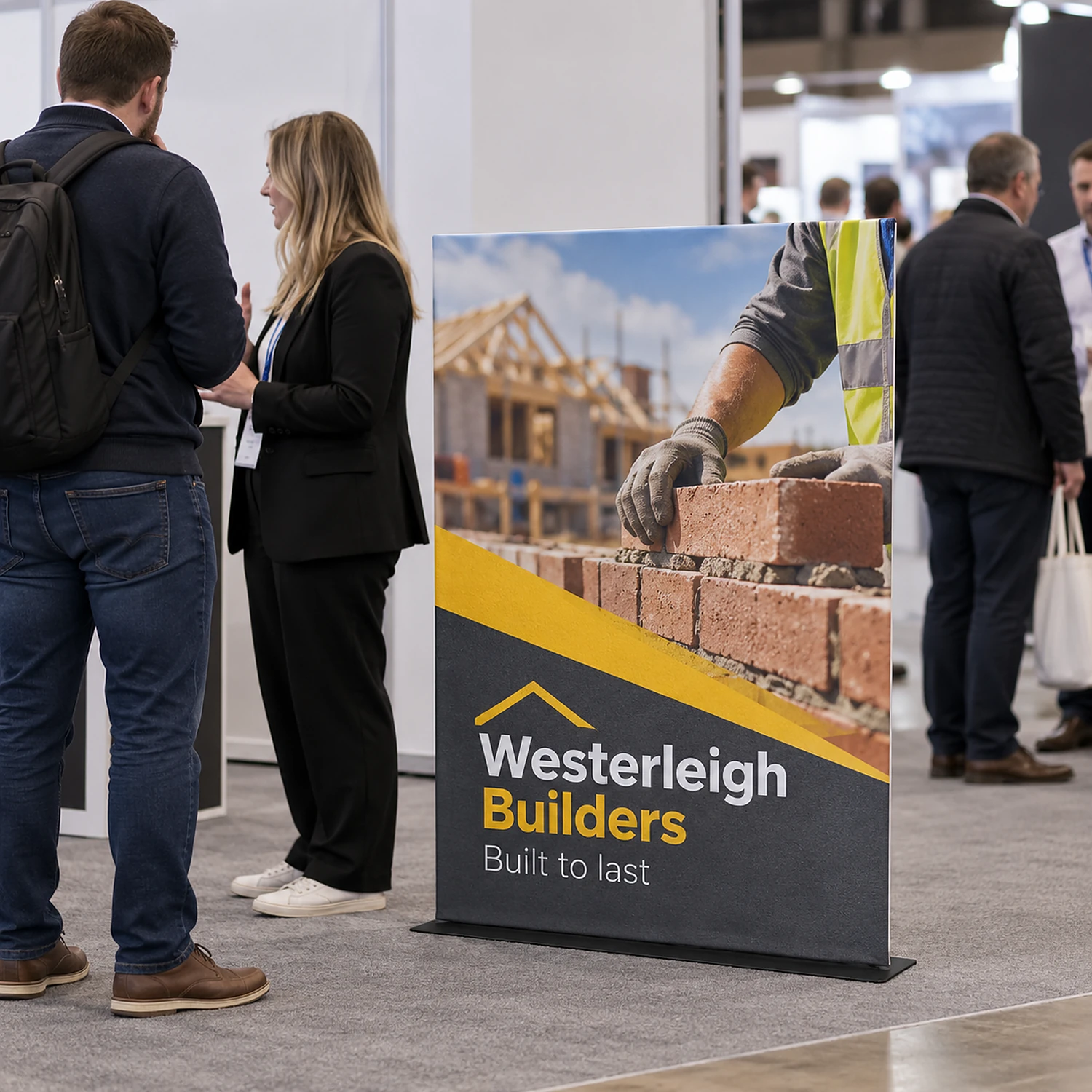 1200mm x 1524mm square-corner tension banner stand in use, shown with an example design