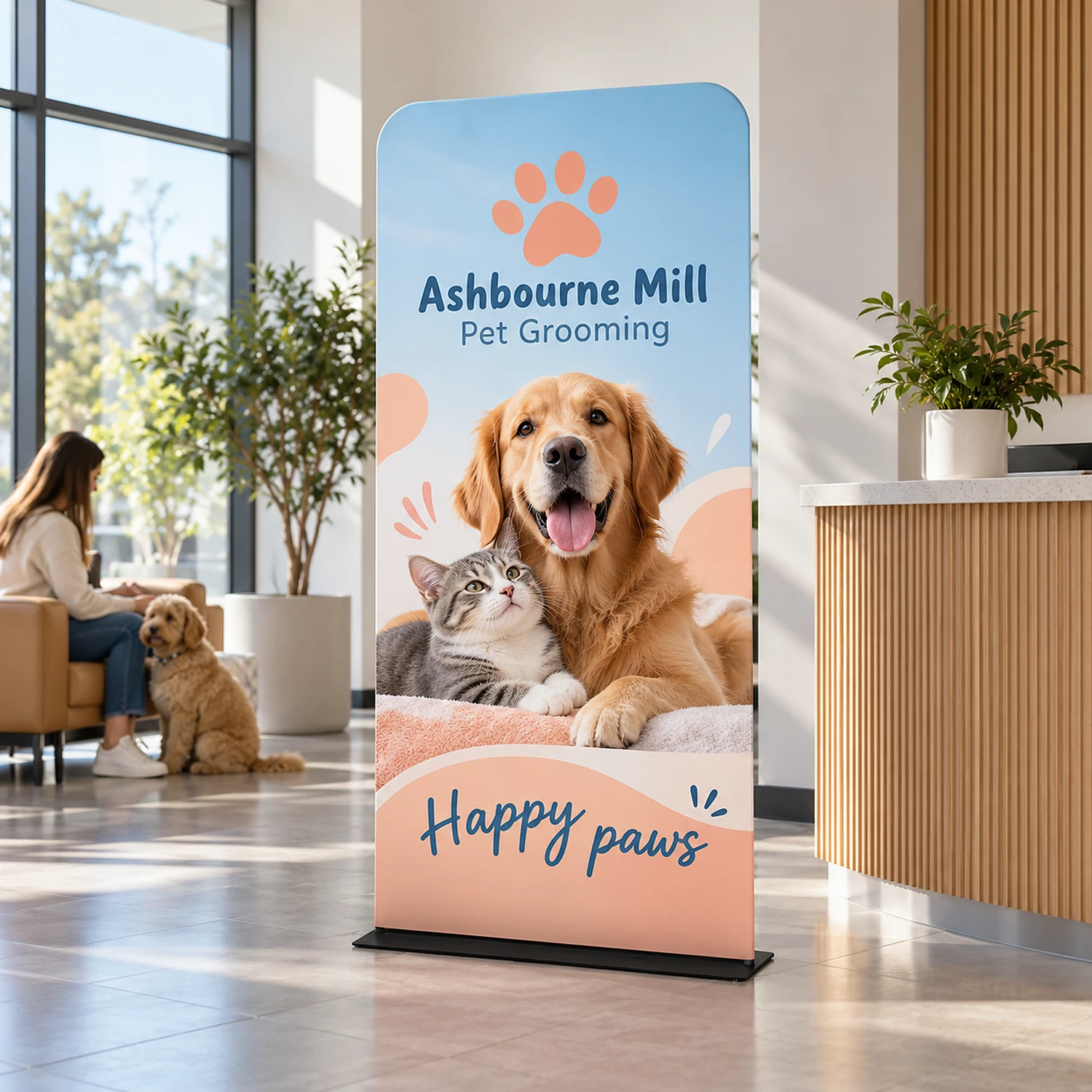 1200mm x 2260mm rounded-corner tension banner stand in use, shown with an example design