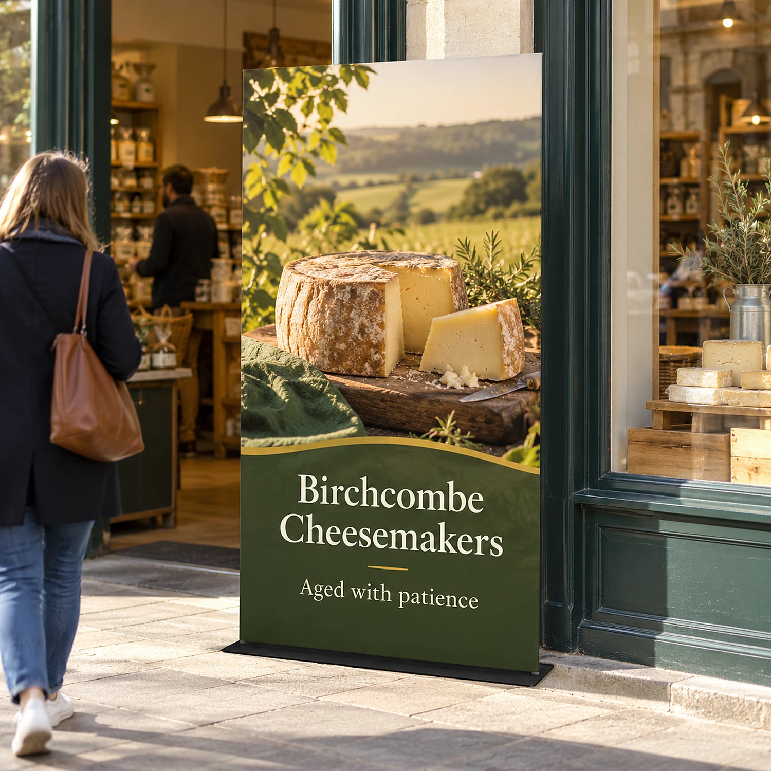 1200mm x 2260mm square-corner tension banner stand in use, shown with an example design