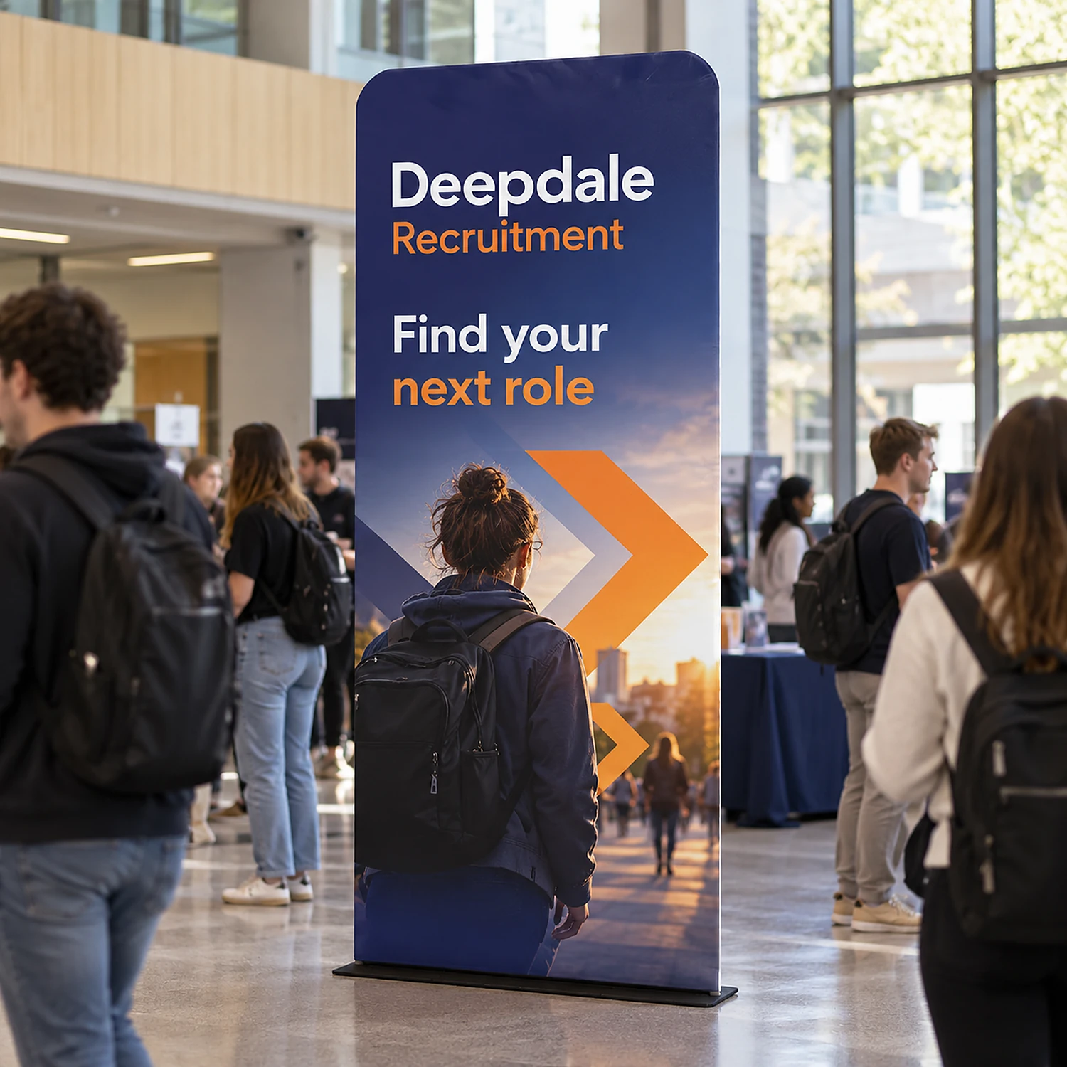 1200mm x 2950mm rounded-corner tension banner stand in use, shown with an example design