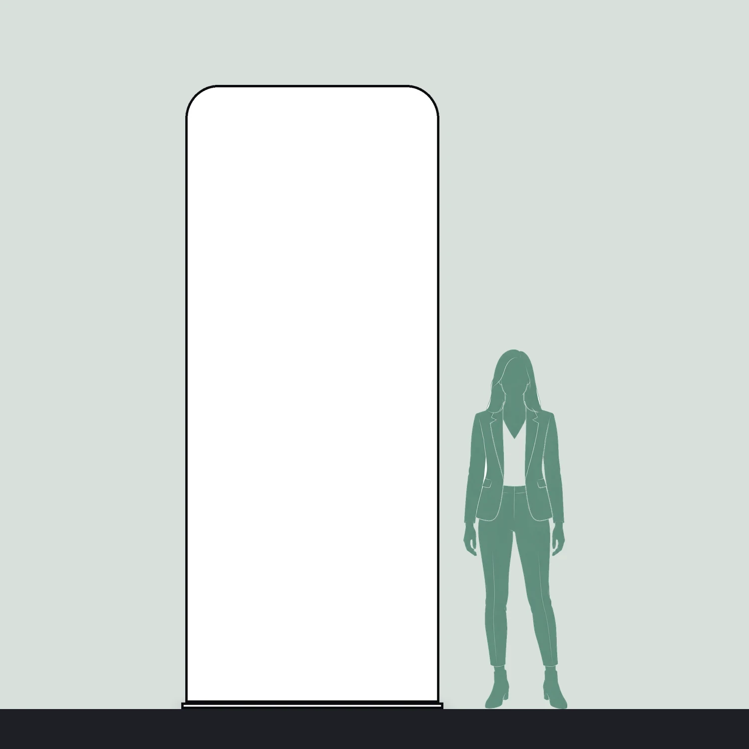 Line drawing of the 1200mm x 2950mm rounded-corner tension banner stand shown to scale next to a 1.7m person