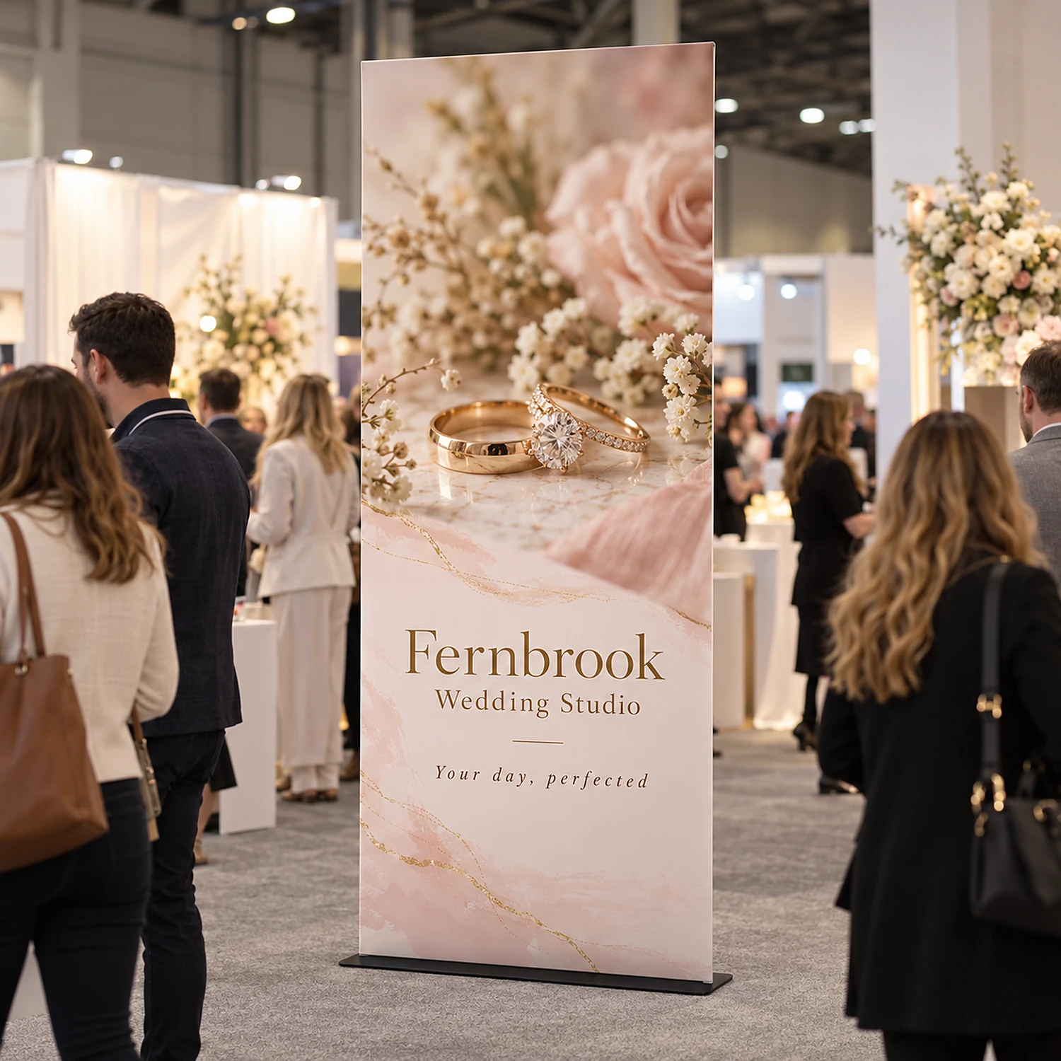 1200mm x 2950mm square-corner tension banner stand in use, shown with an example design