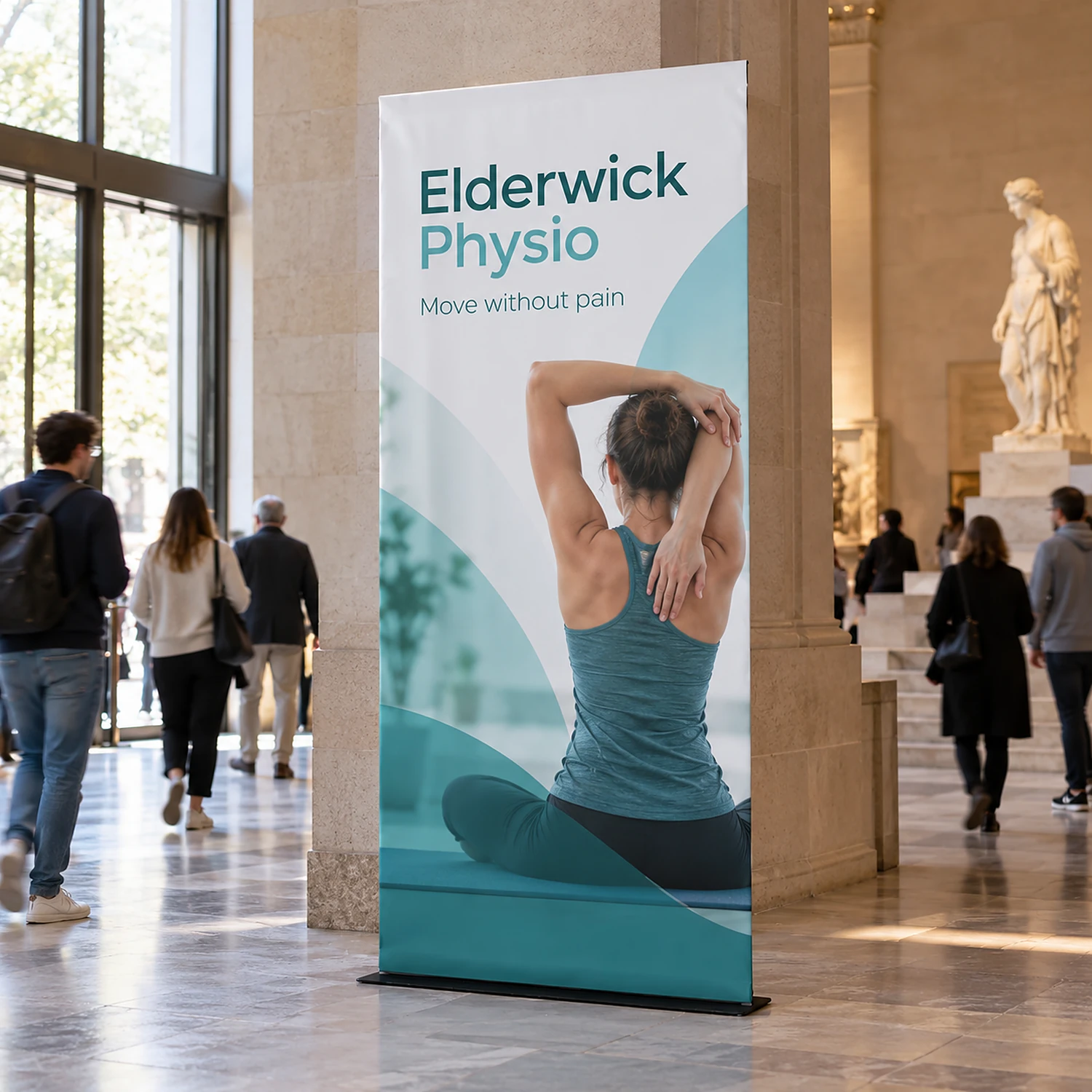 1200mm x 2950mm square-corner tension banner stand in use, shown with an example design