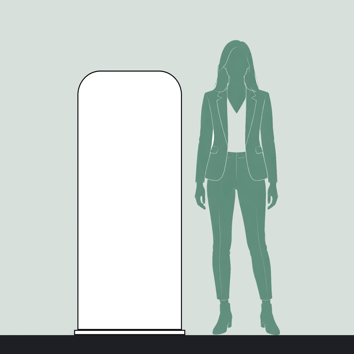 Line drawing of the 600mm x 1524mm rounded-corner tension banner stand shown to scale next to a 1.7m person
