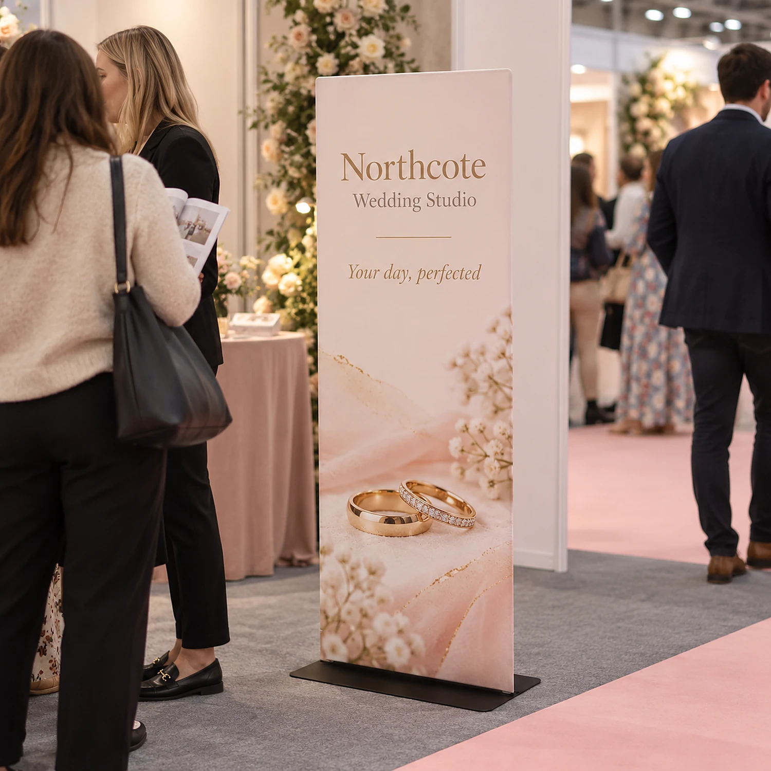 600mm x 1524mm square-corner tension banner stand in use, shown with an example design
