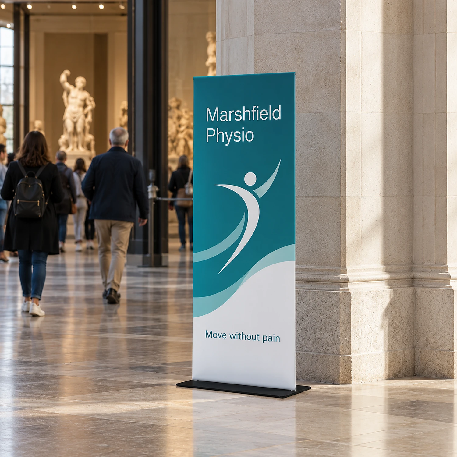 600mm x 1524mm square-corner tension banner stand in use, shown with an example design