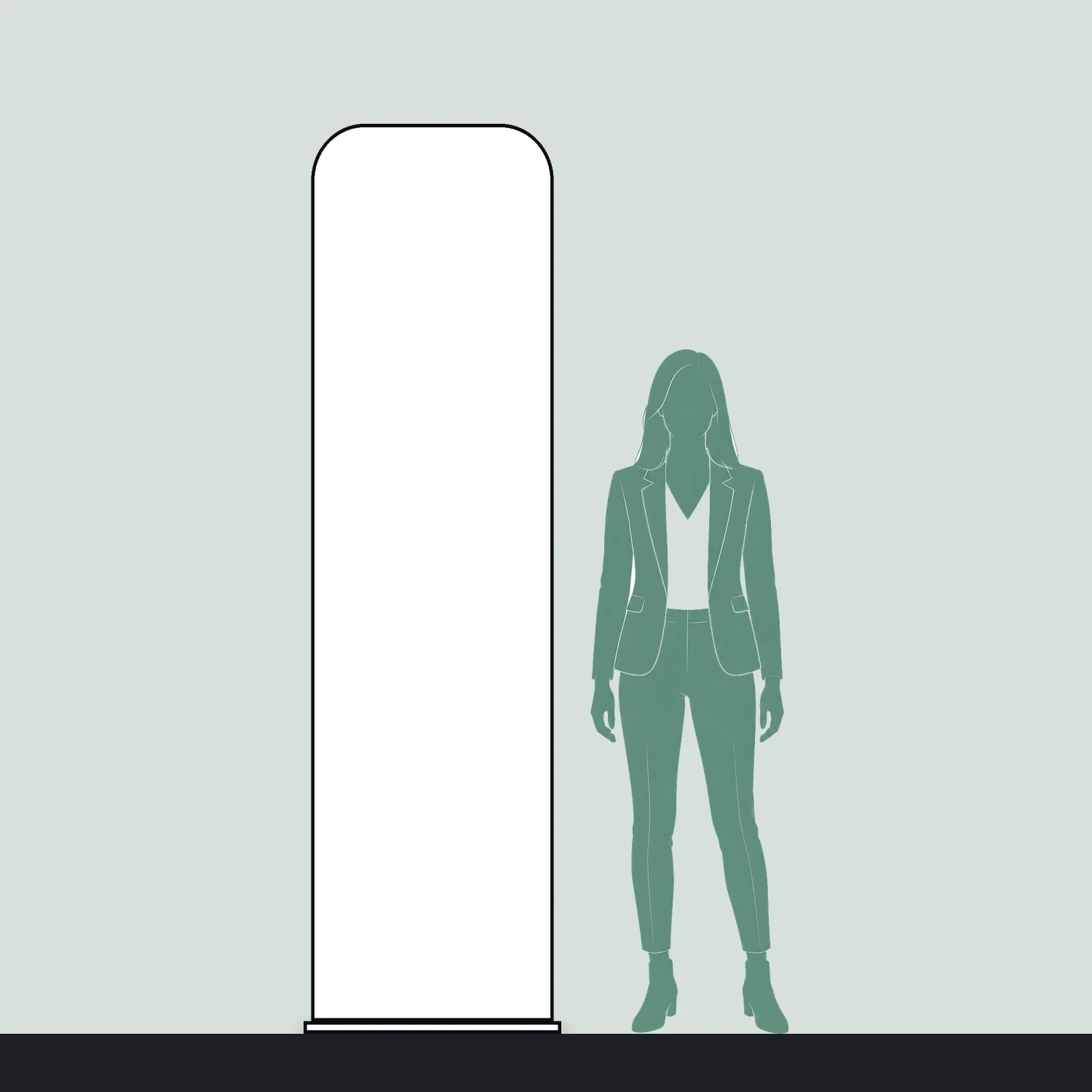 Line drawing of the 600mm x 2260mm rounded-corner tension banner stand shown to scale next to a 1.7m person