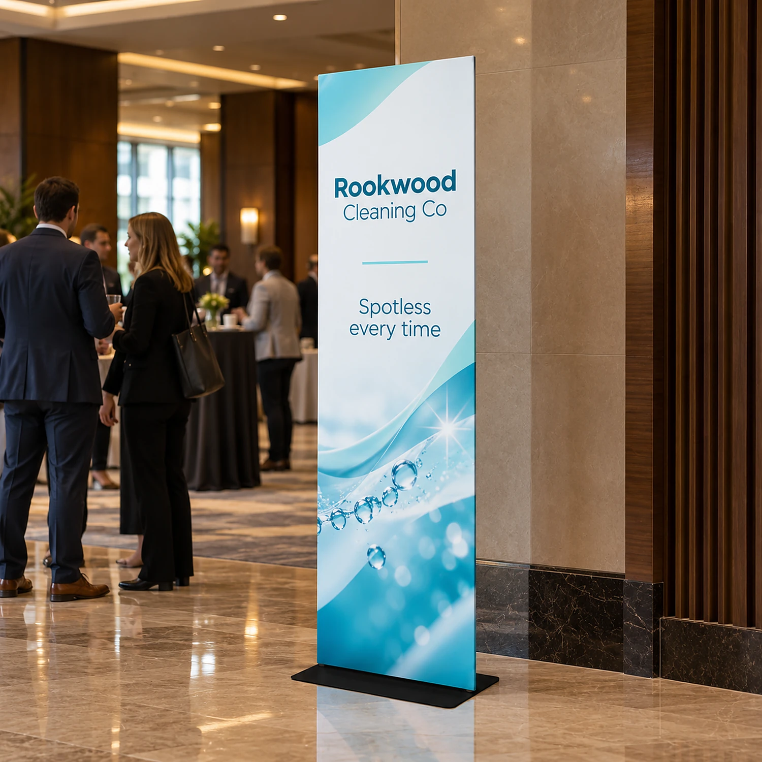 600mm x 2260mm square-corner tension banner stand in use, shown with an example design