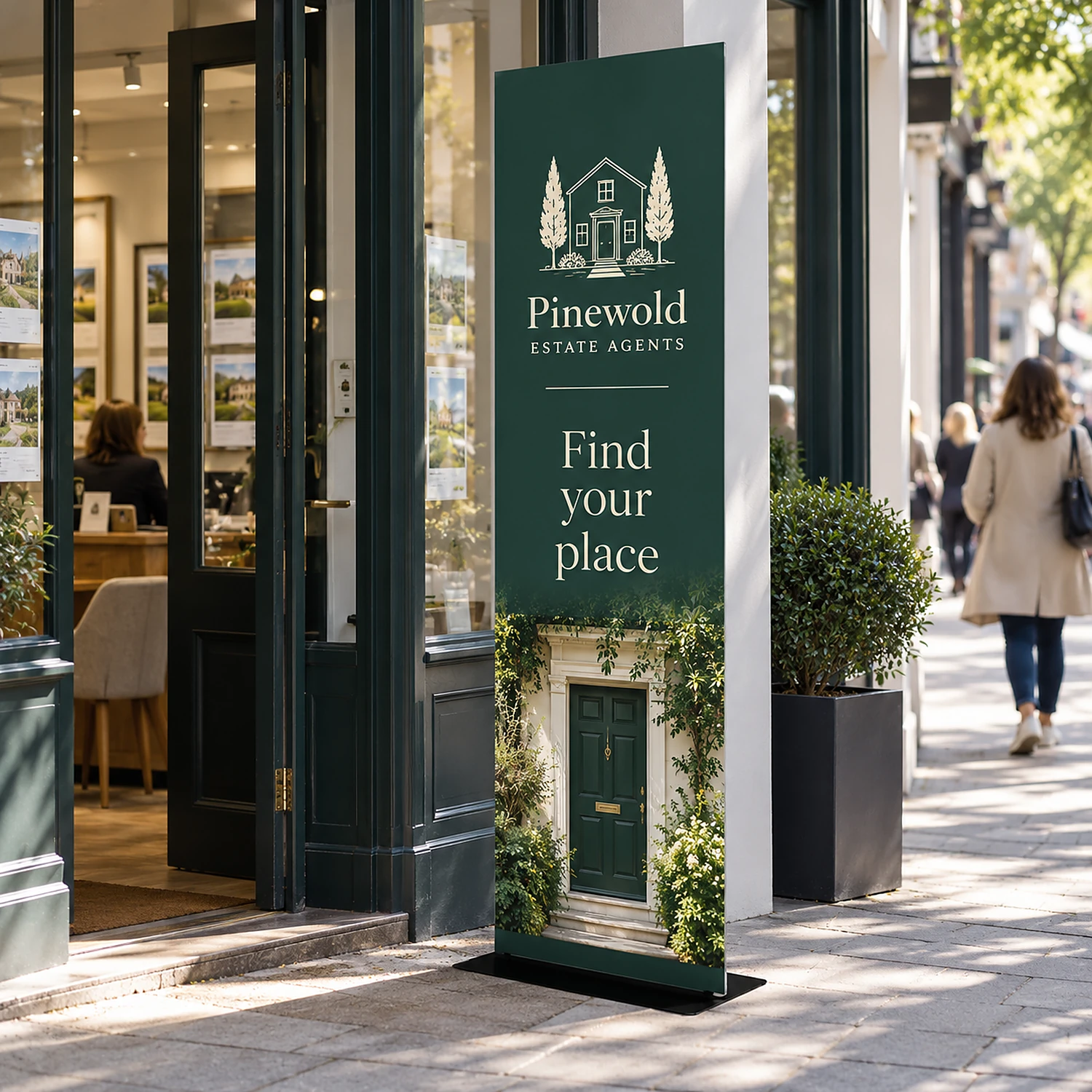 600mm x 2260mm square-corner tension banner stand in use, shown with an example design