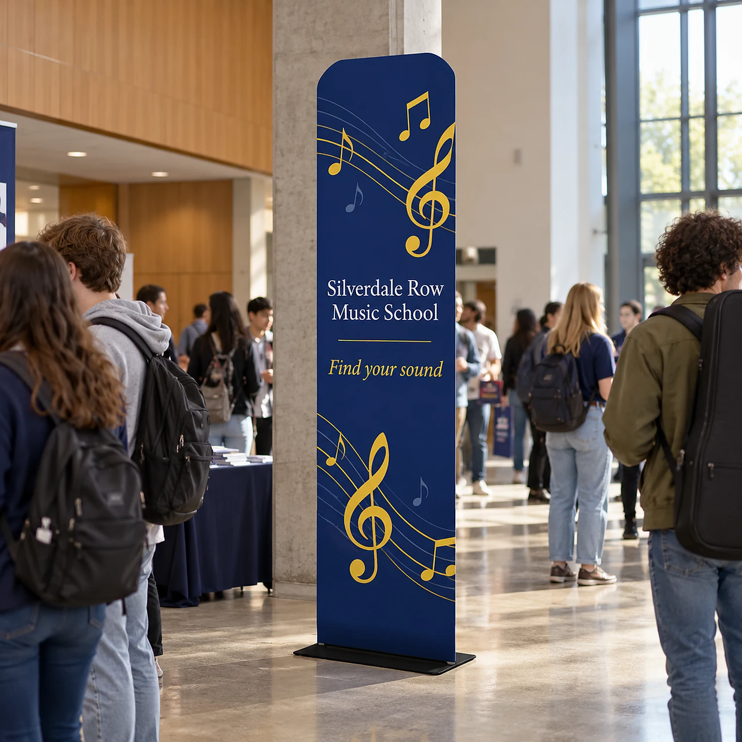 600mm x 2950mm rounded-corner tension banner stand in use, shown with an example design