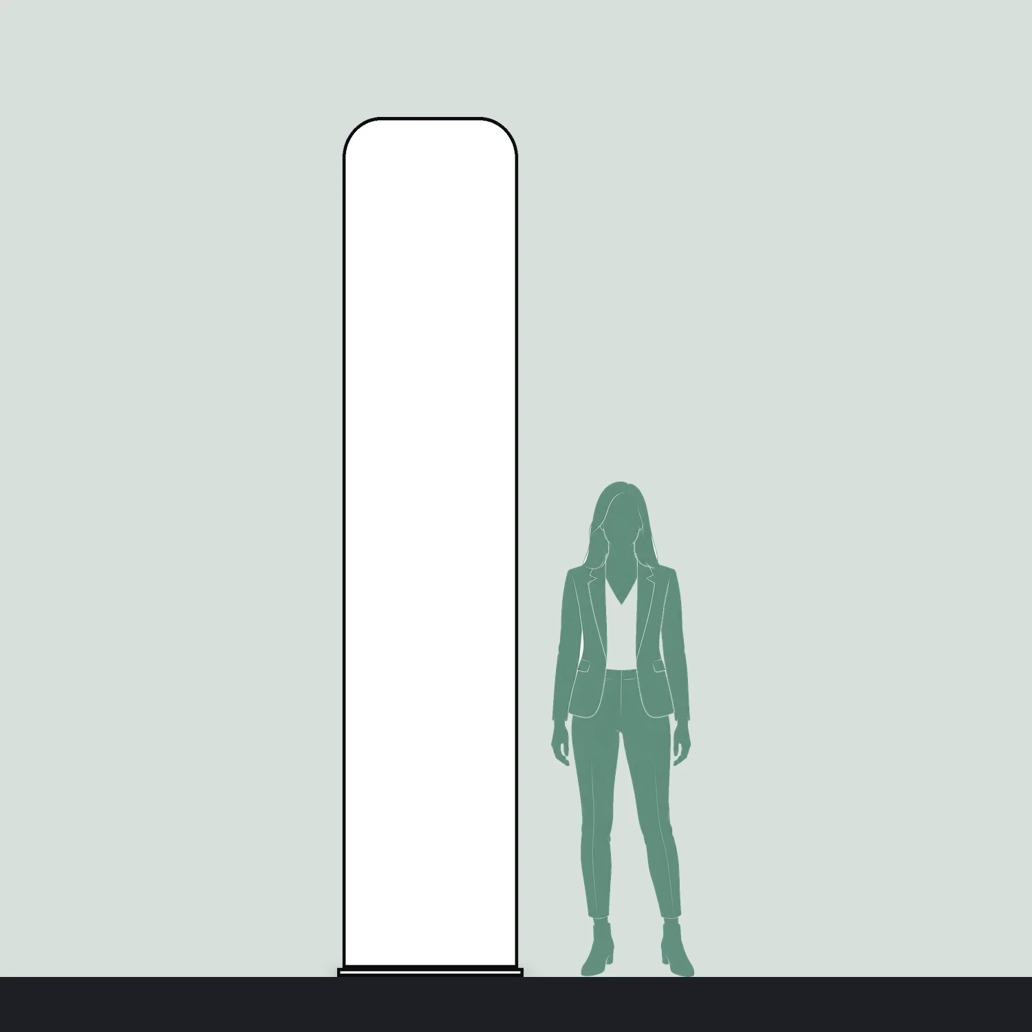 Line drawing of the 600mm x 2950mm rounded-corner tension banner stand shown to scale next to a 1.7m person