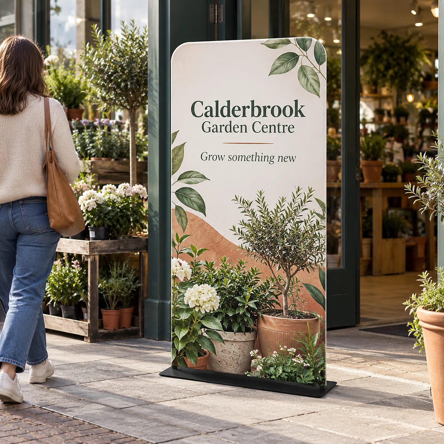 913mm x 1524mm rounded-corner tension banner stand in use, shown with an example design