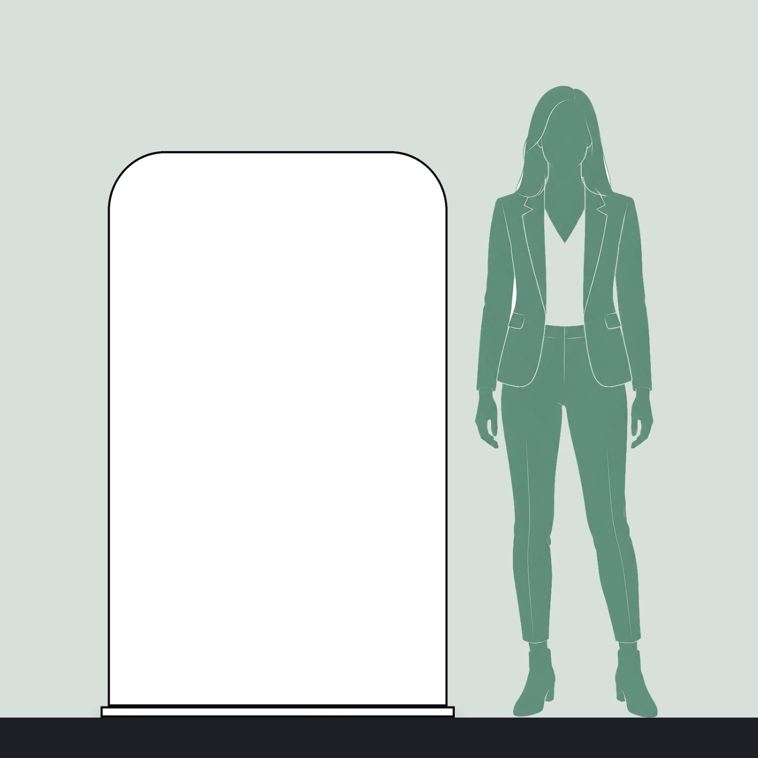 Line drawing of the 913mm x 1524mm rounded-corner tension banner stand shown to scale next to a 1.7m person