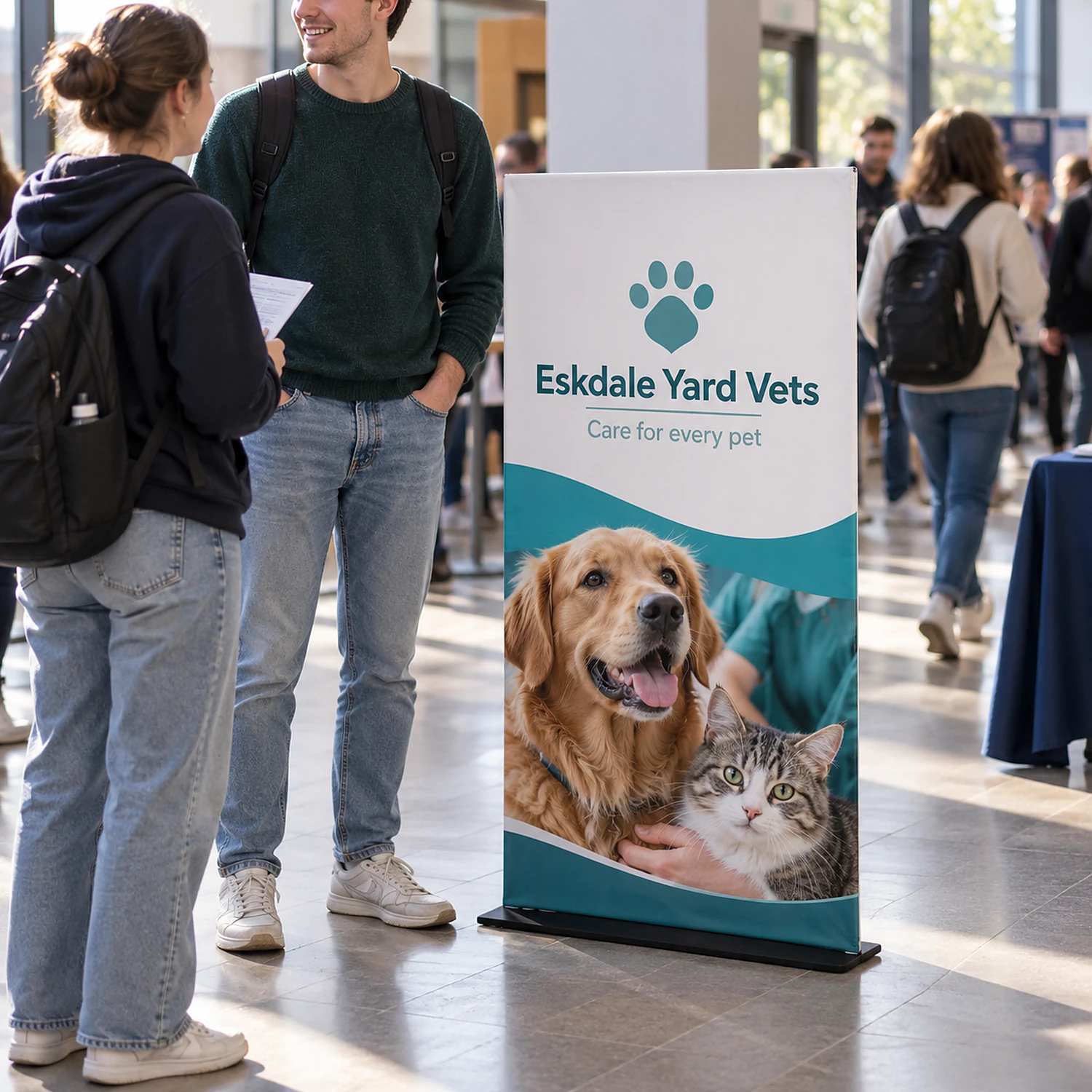 913mm x 1524mm square-corner tension banner stand in use, shown with an example design