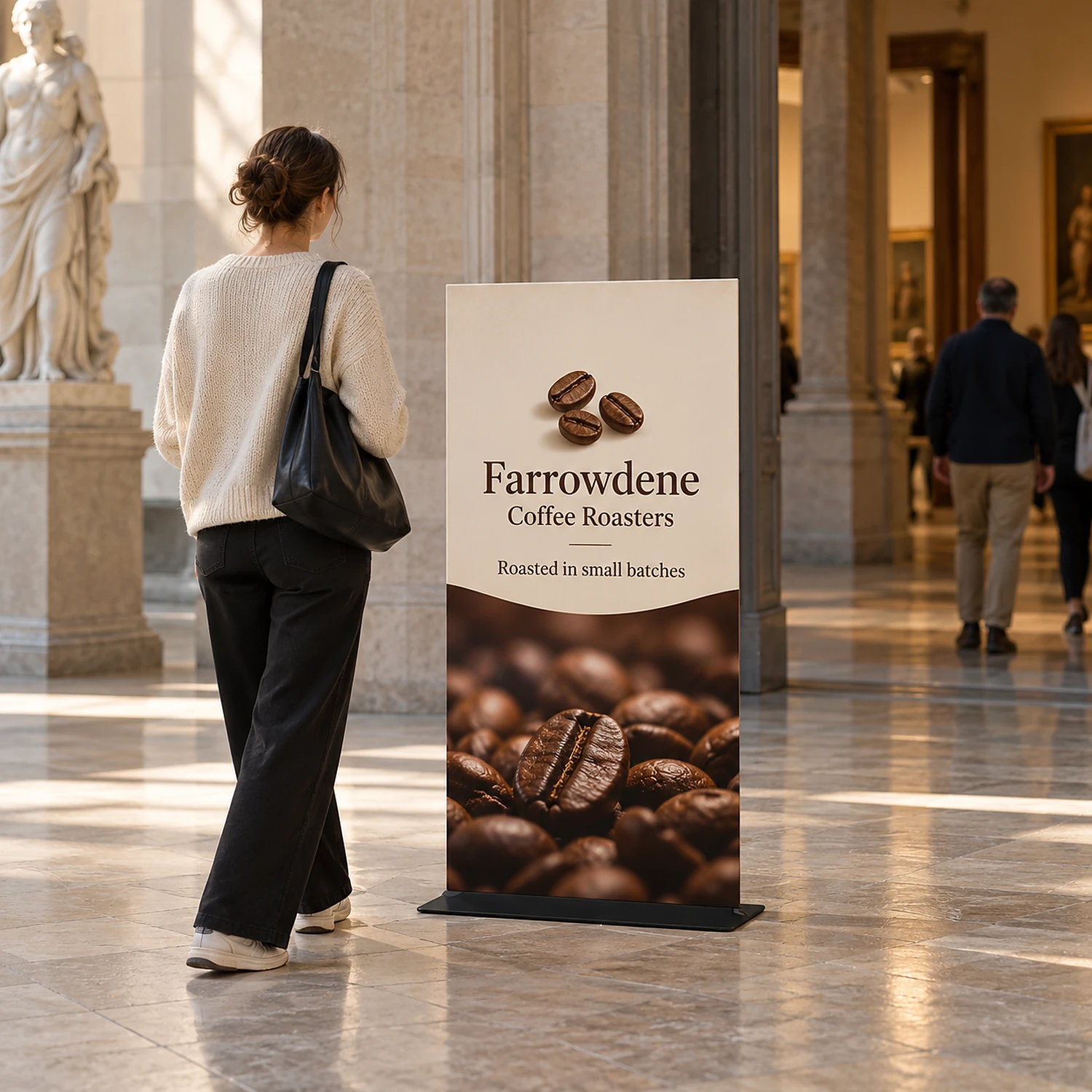 913mm x 1524mm square-corner tension banner stand in use, shown with an example design