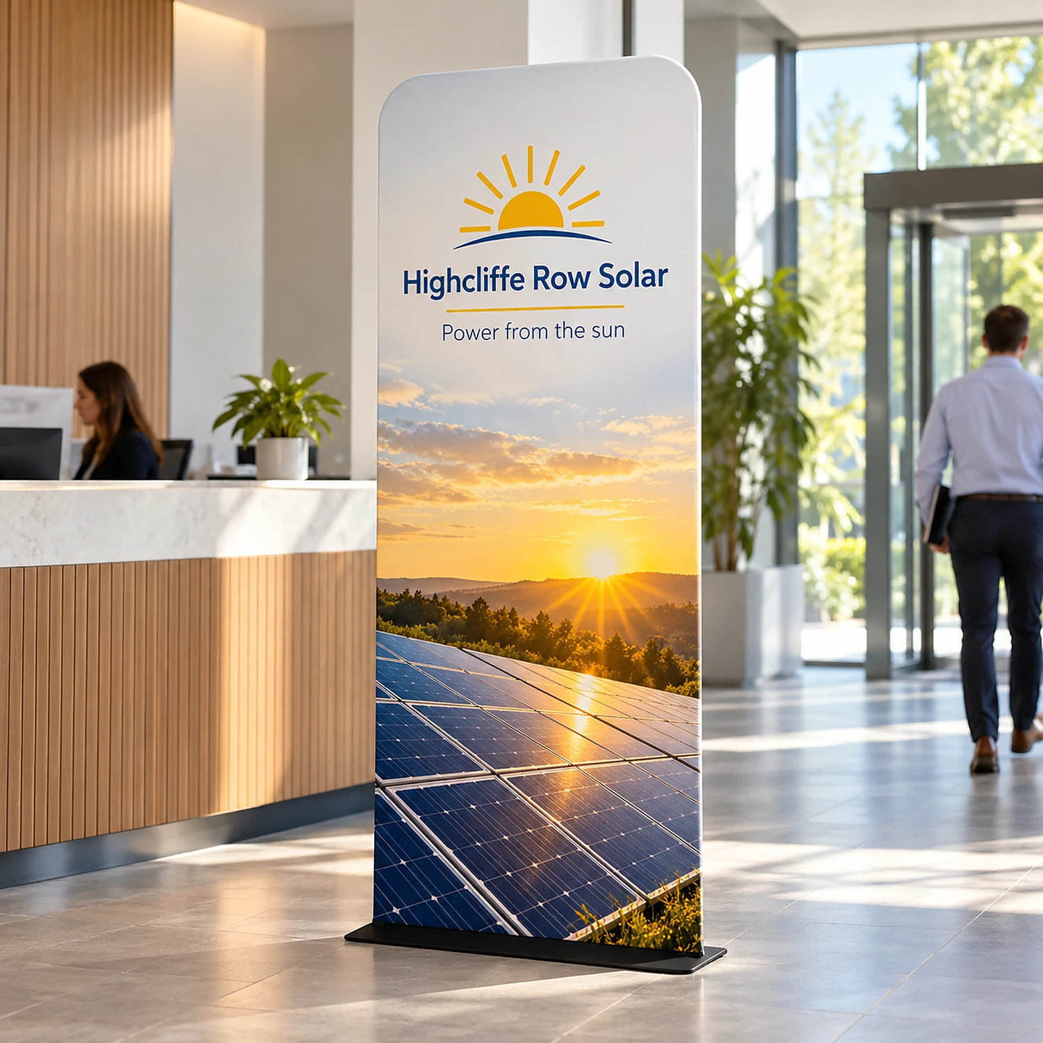 913mm x 2260mm rounded-corner tension banner stand in use, shown with an example design