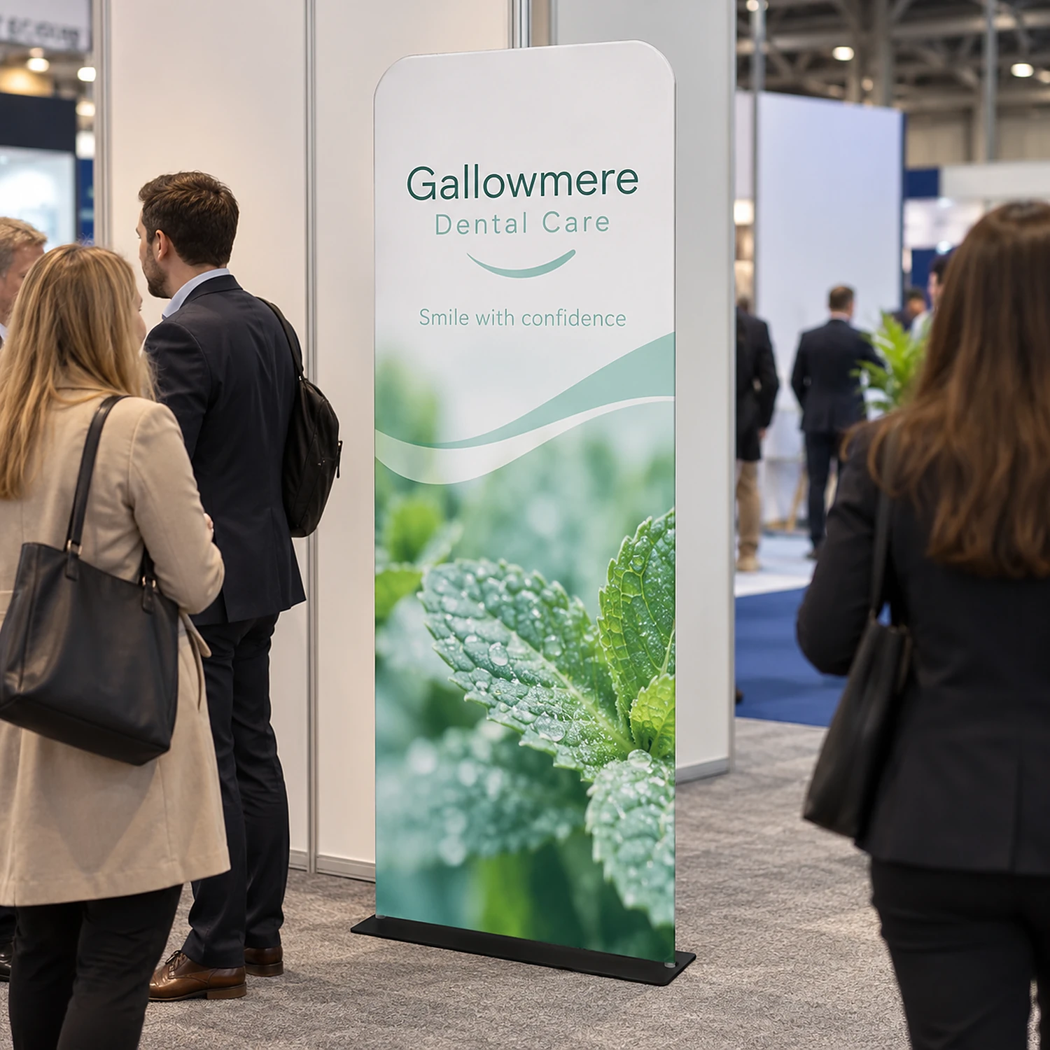 913mm x 2260mm rounded-corner tension banner stand in use, shown with an example design