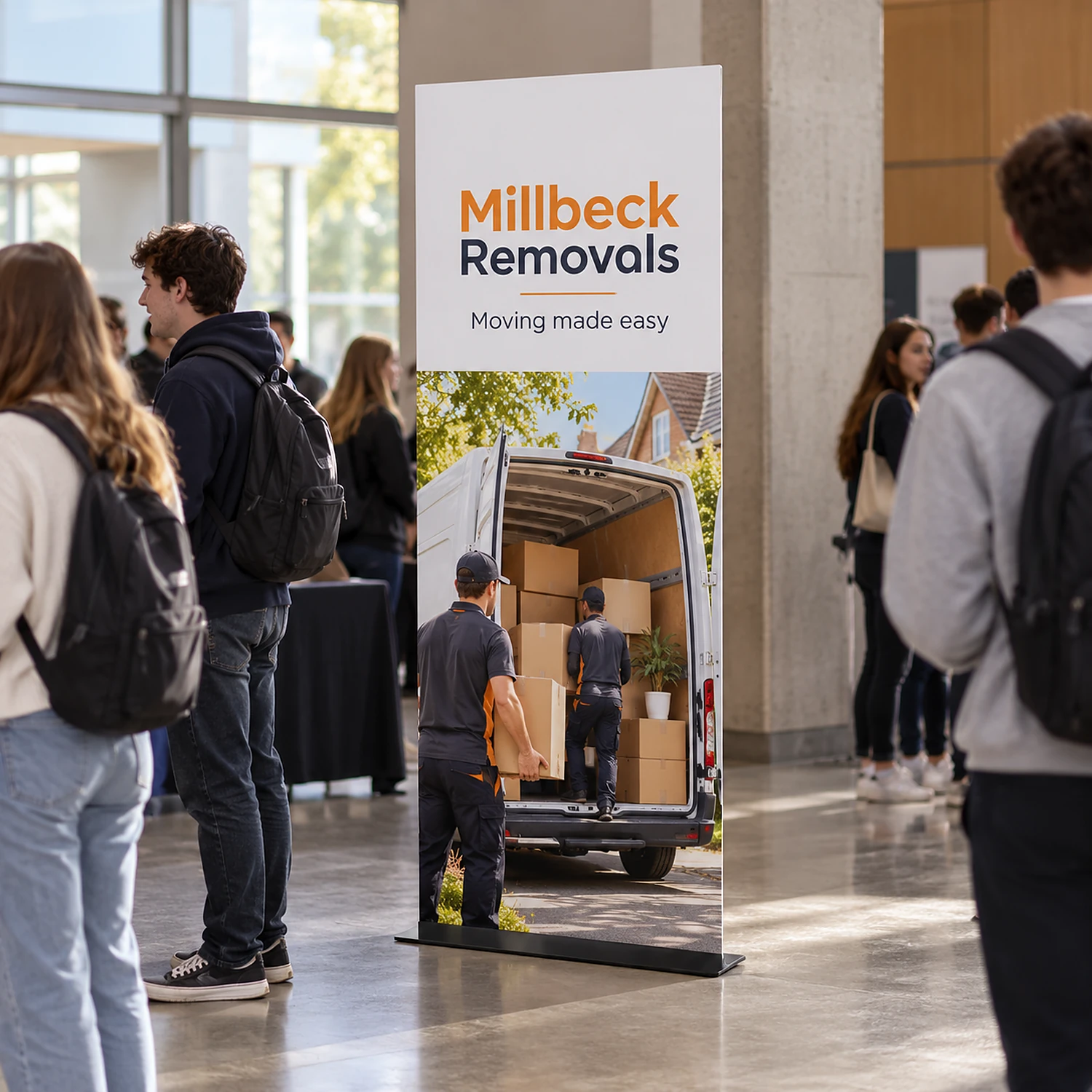 913mm x 2260mm square-corner tension banner stand in use, shown with an example design