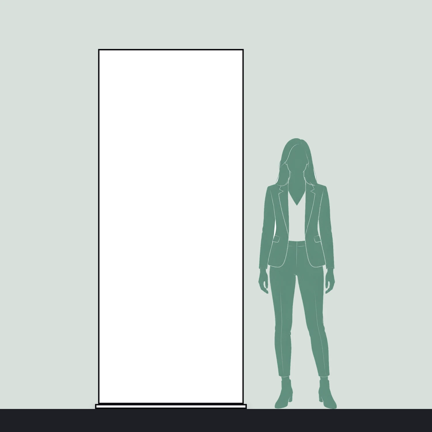 Line drawing of the 913mm x 2260mm square-corner tension banner stand shown to scale next to a 1.7m person