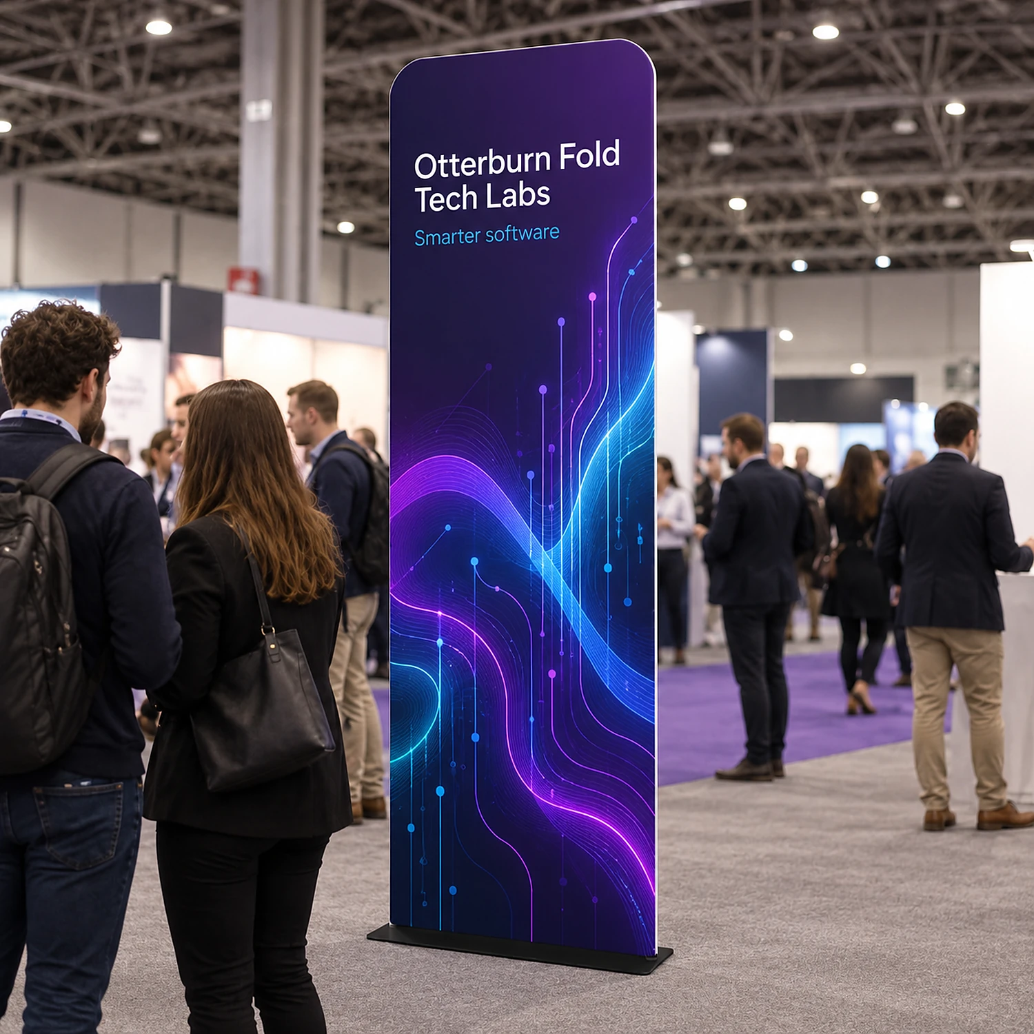913mm x 2950mm rounded-corner tension banner stand in use, shown with an example design