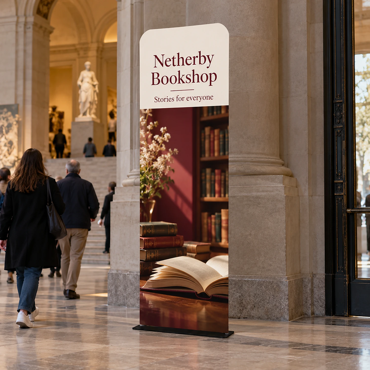 913mm x 2950mm rounded-corner tension banner stand in use, shown with an example design