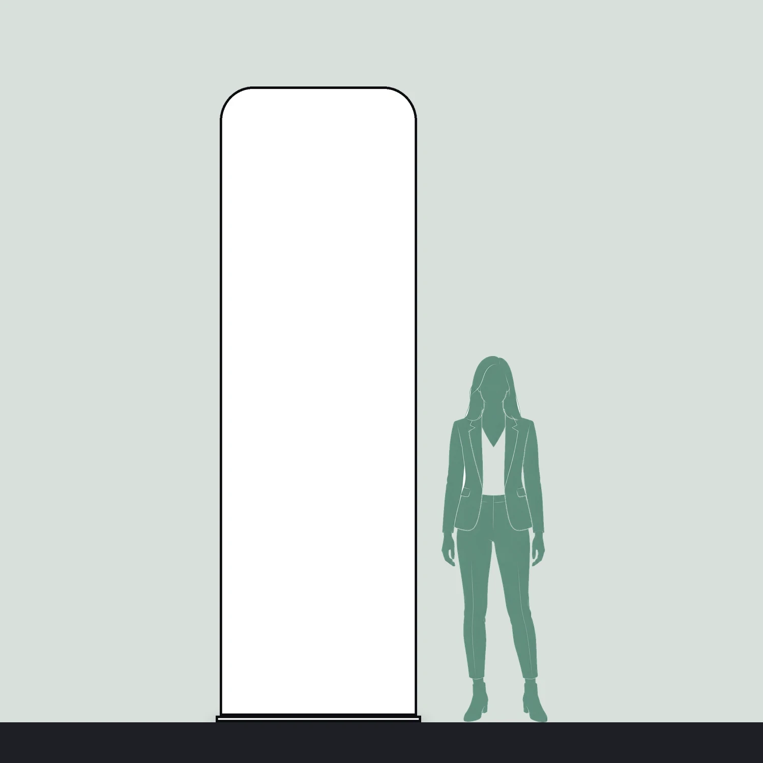 Line drawing of the 913mm x 2950mm rounded-corner tension banner stand shown to scale next to a 1.7m person