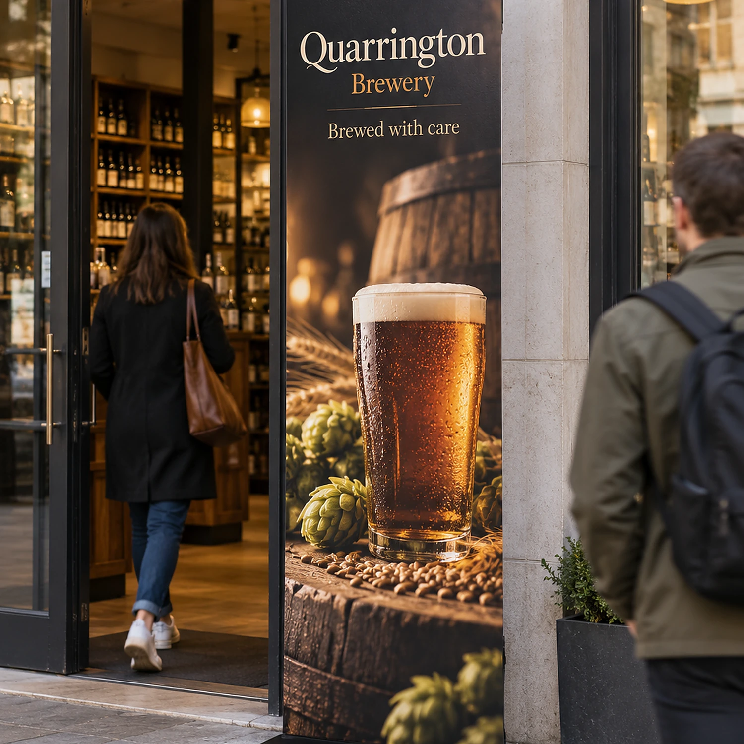 913mm x 2950mm square-corner tension banner stand in use, shown with an example design