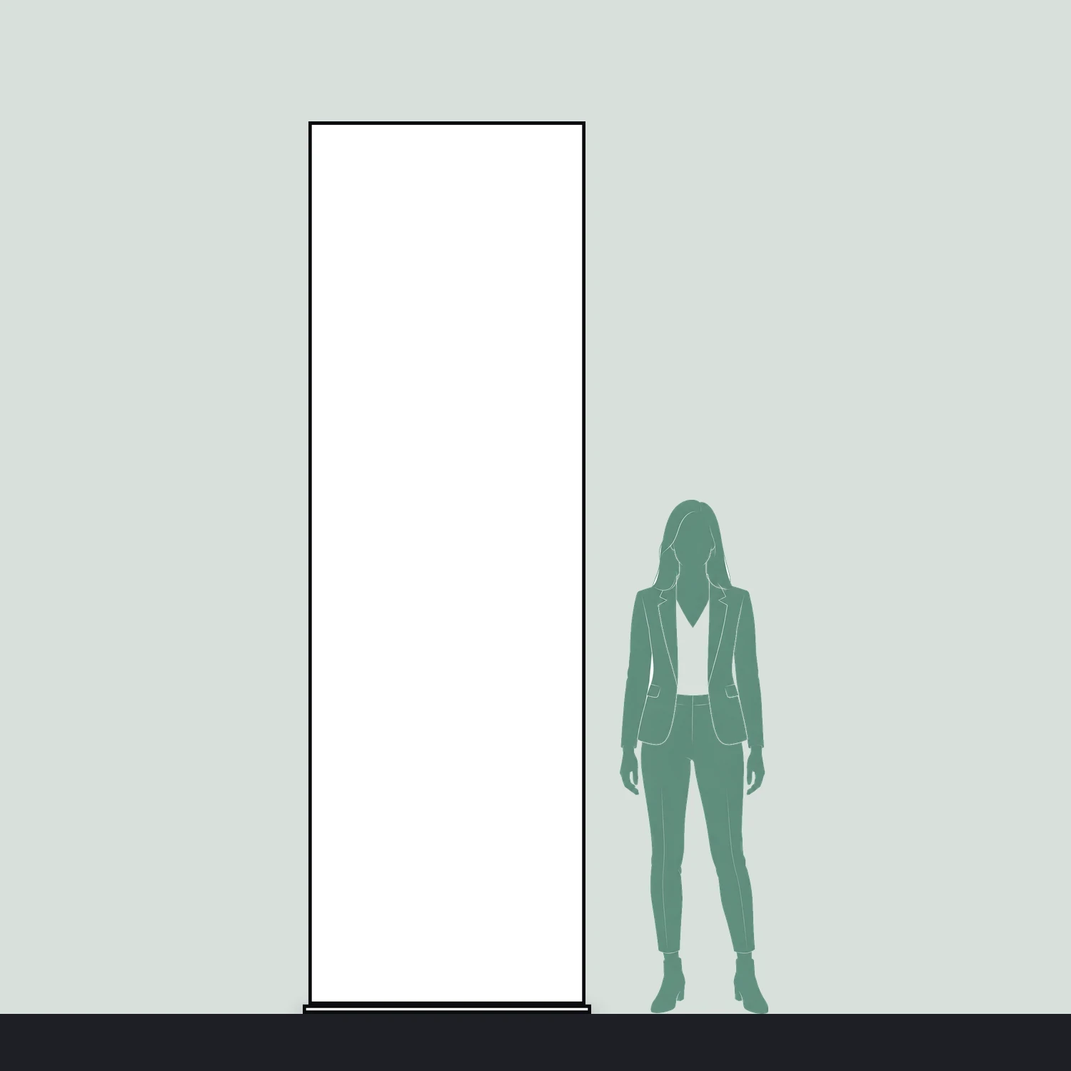 Line drawing of the 913mm x 2950mm square-corner tension banner stand shown to scale next to a 1.7m person