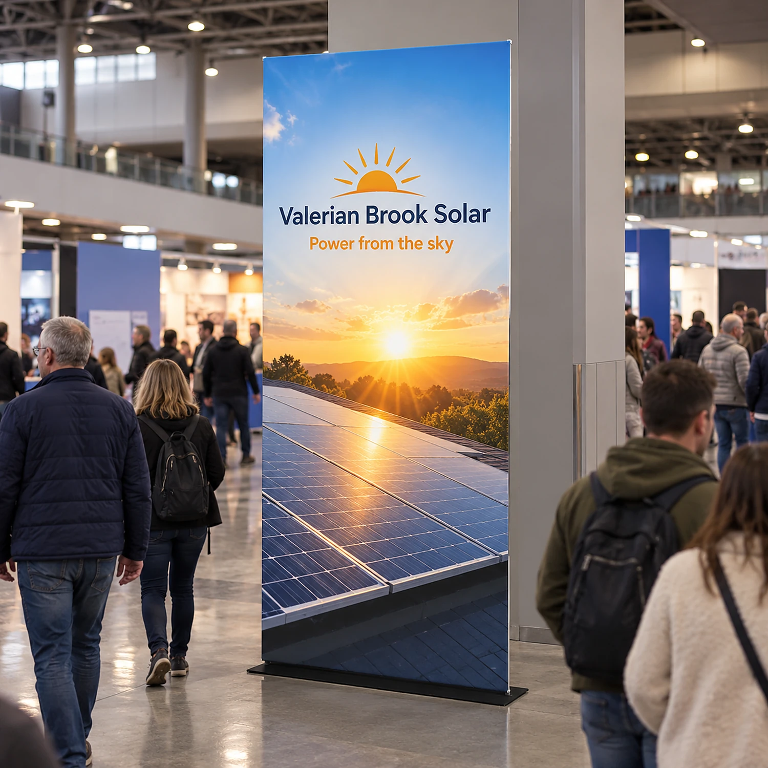 Tension Banner at a consumer show, shown with an example design