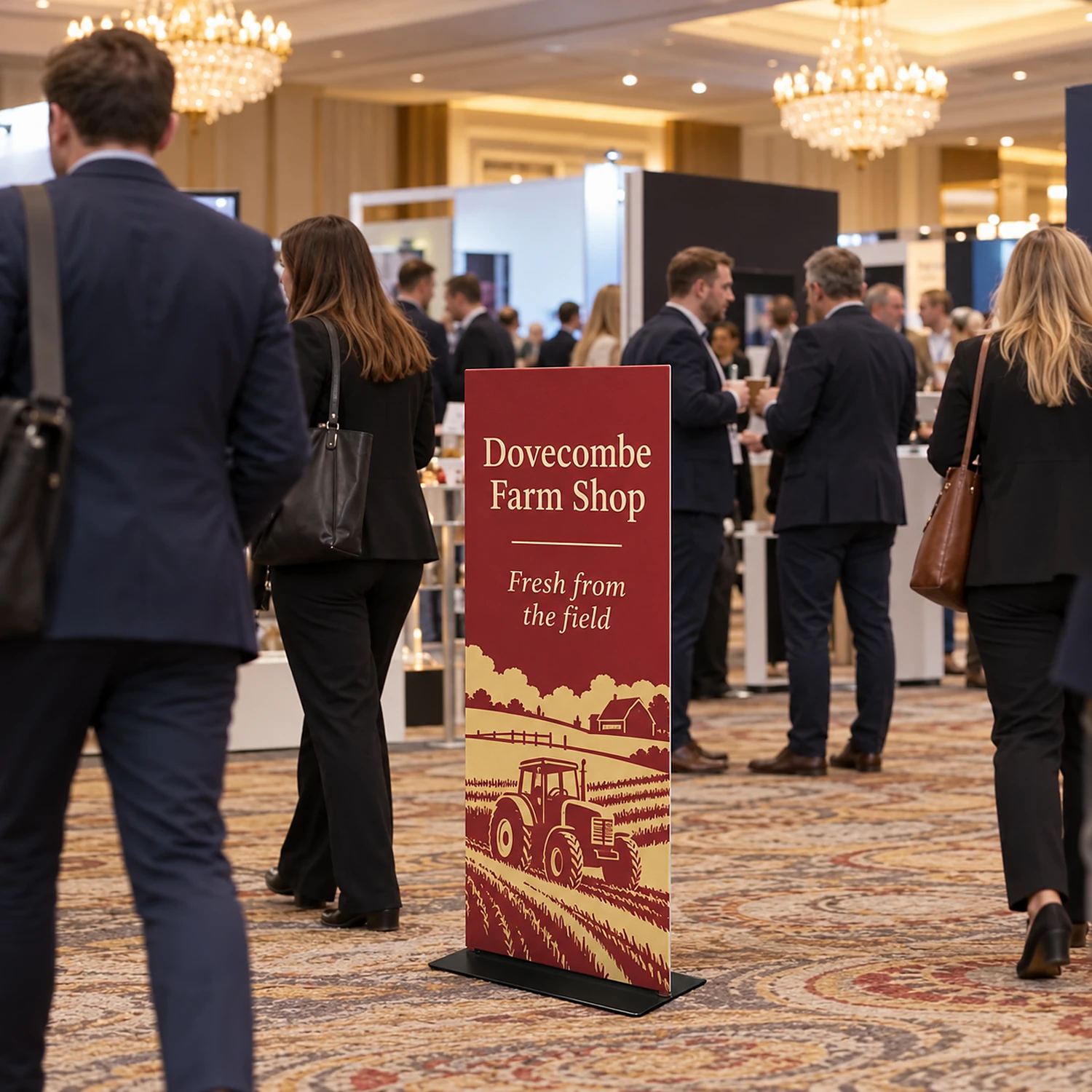 Tension Banner at a conference exhibition in a hotel ballroom, shown with an example design