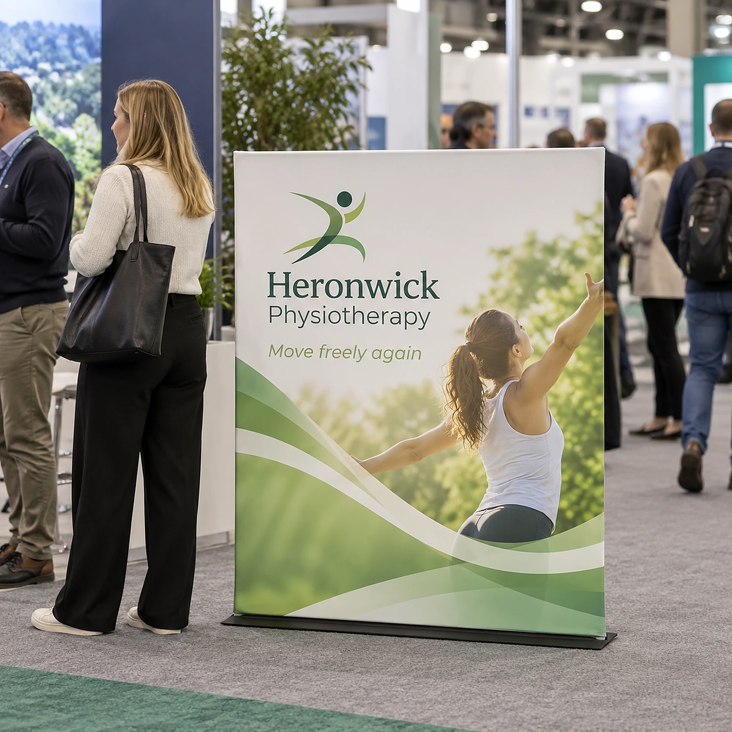 Tension Banner at a trade show, shown with an example design