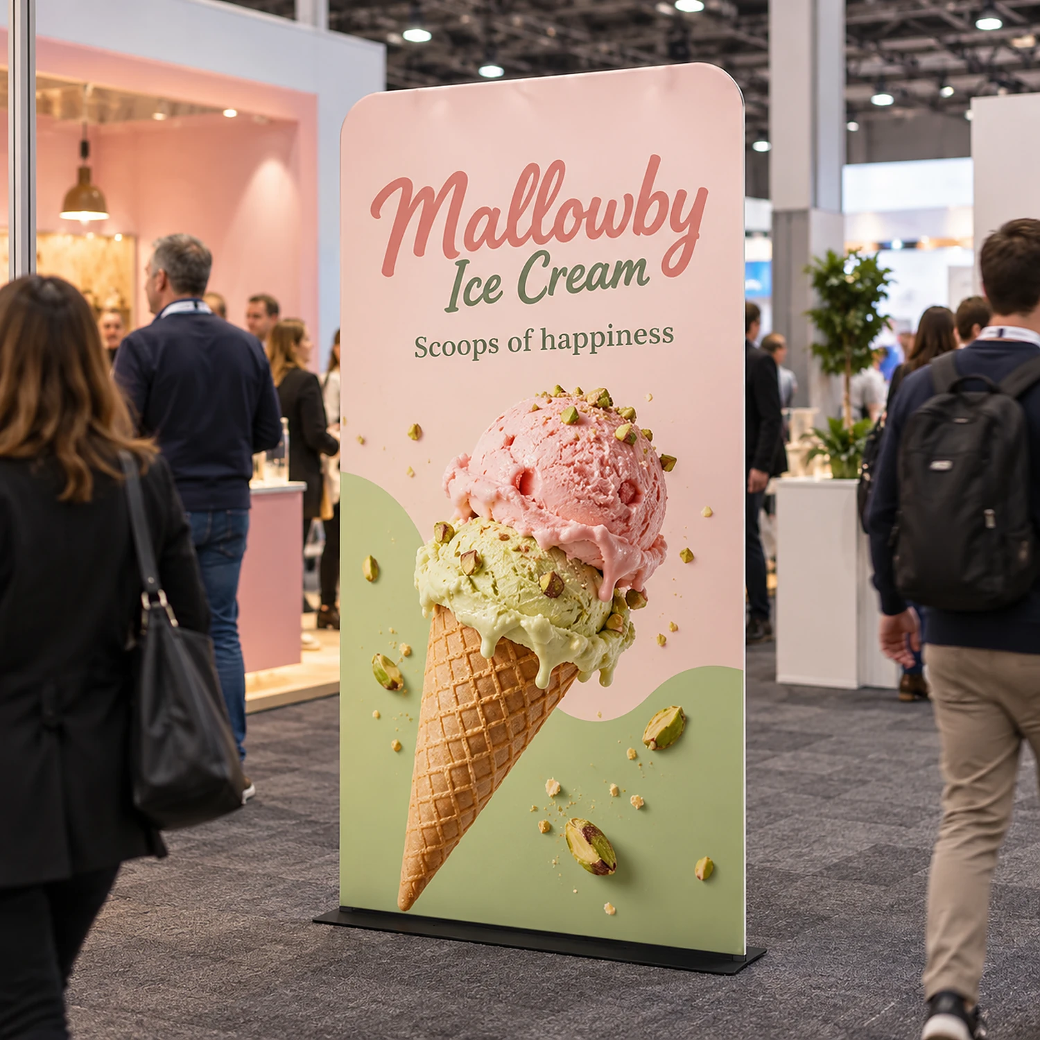 Tension Banner at a trade show, shown with an example design
