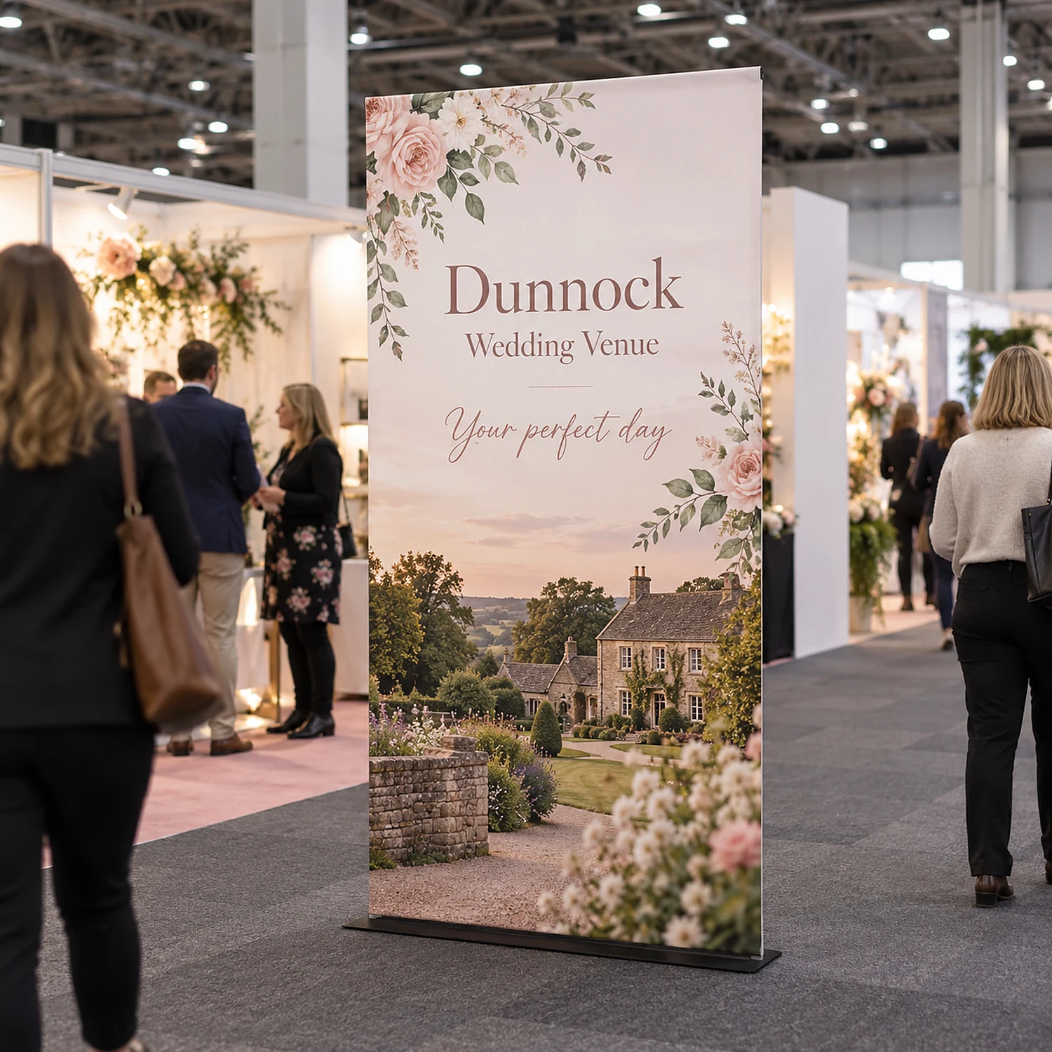 Tension Banner at a trade show, shown with an example design