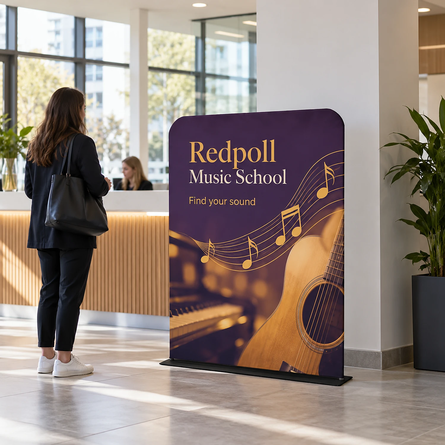 Tension Banner in an office lobby, shown with an example design