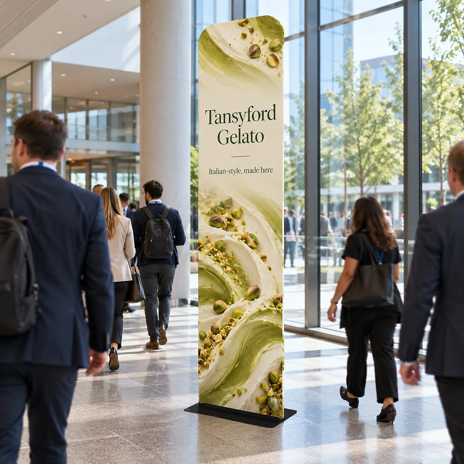 Tension Banner in a conference centre foyer, shown with an example design