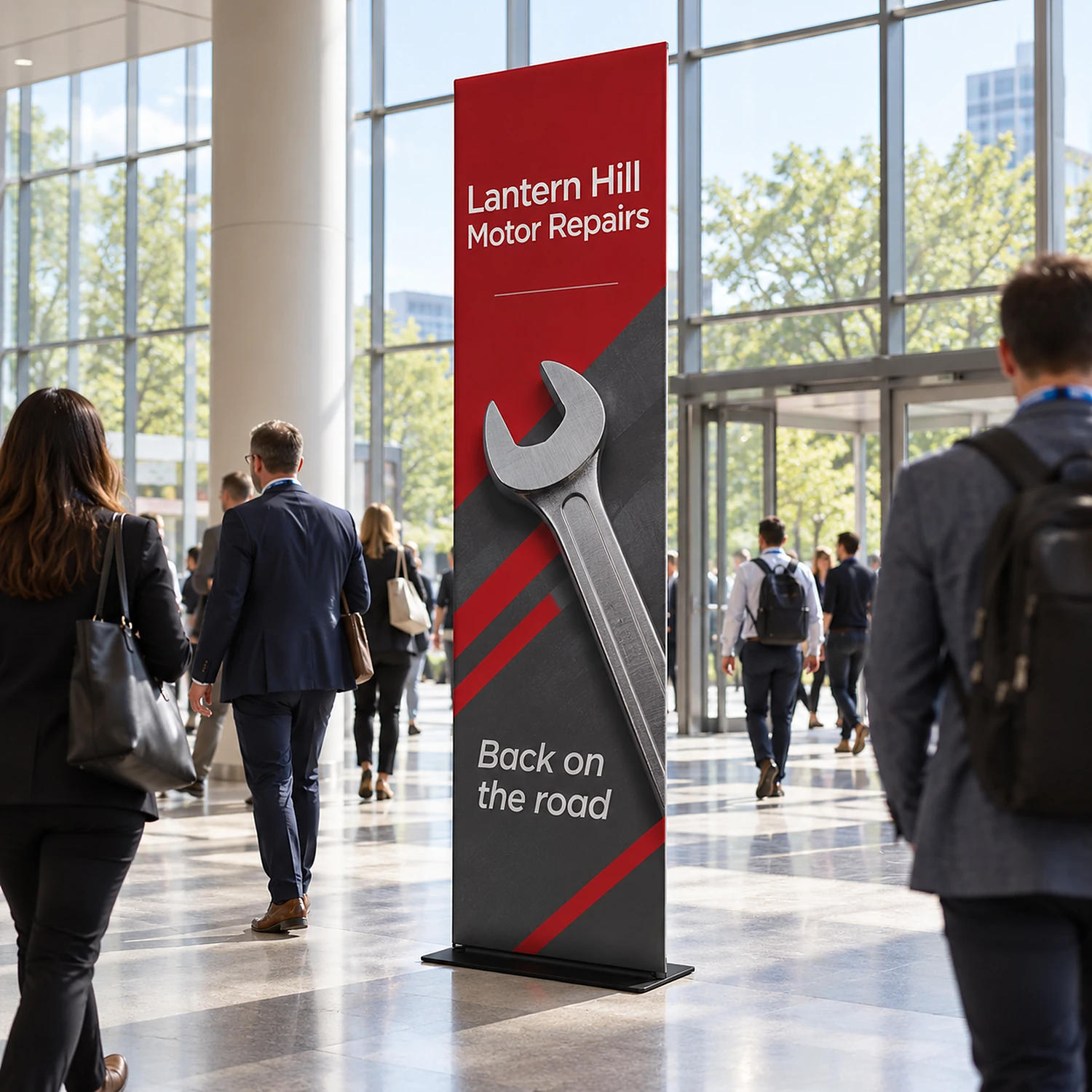 Tension Banner in a conference centre foyer, shown with an example design