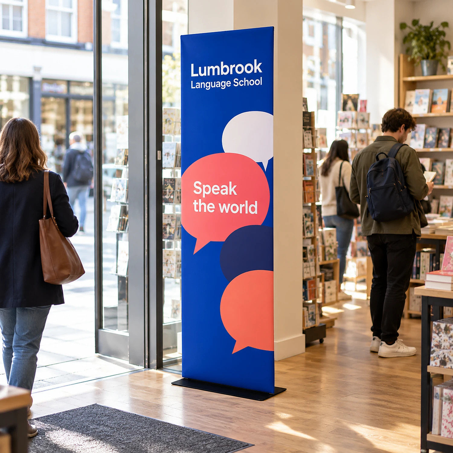 Tension Banner in a high-street shop, shown with an example design