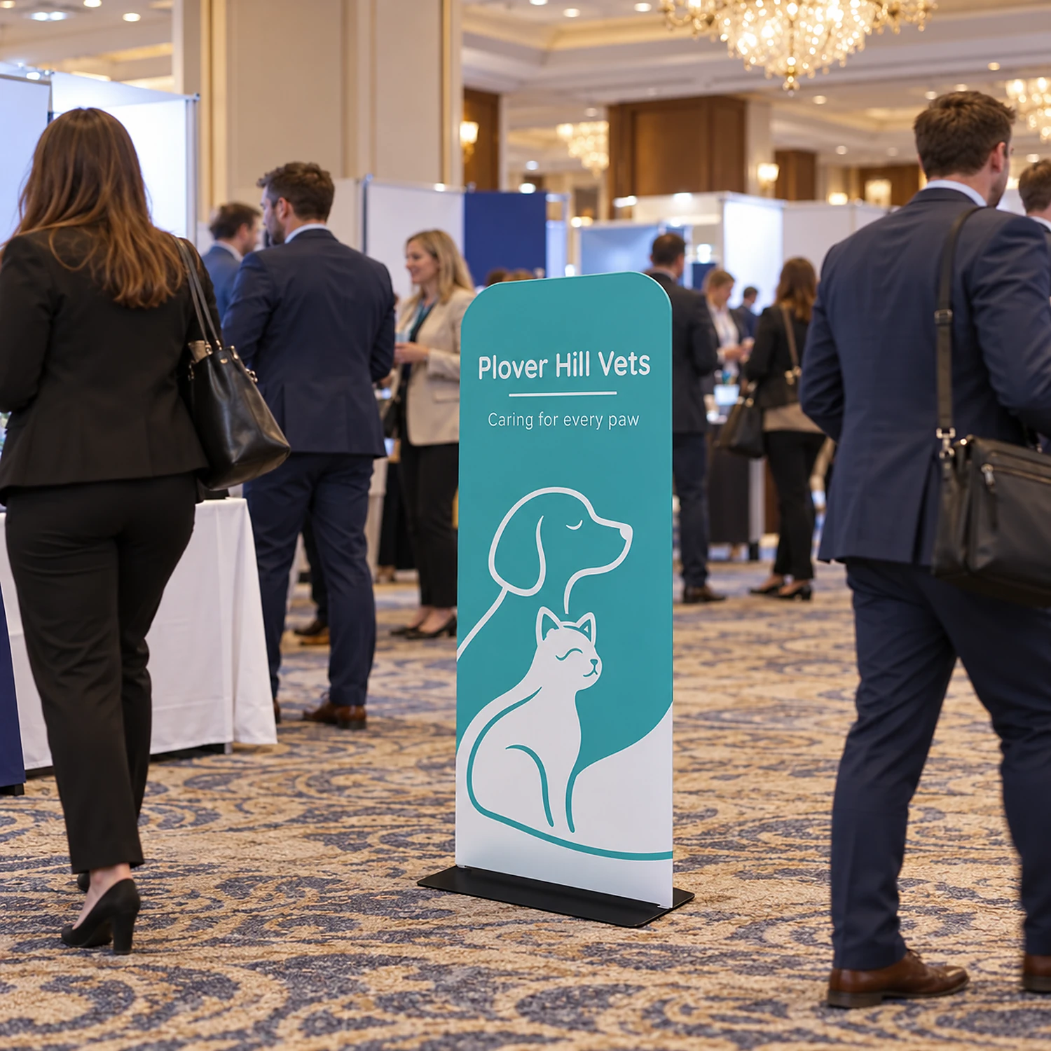 Tension Banner at a conference exhibition in a hotel ballroom, shown with an example design