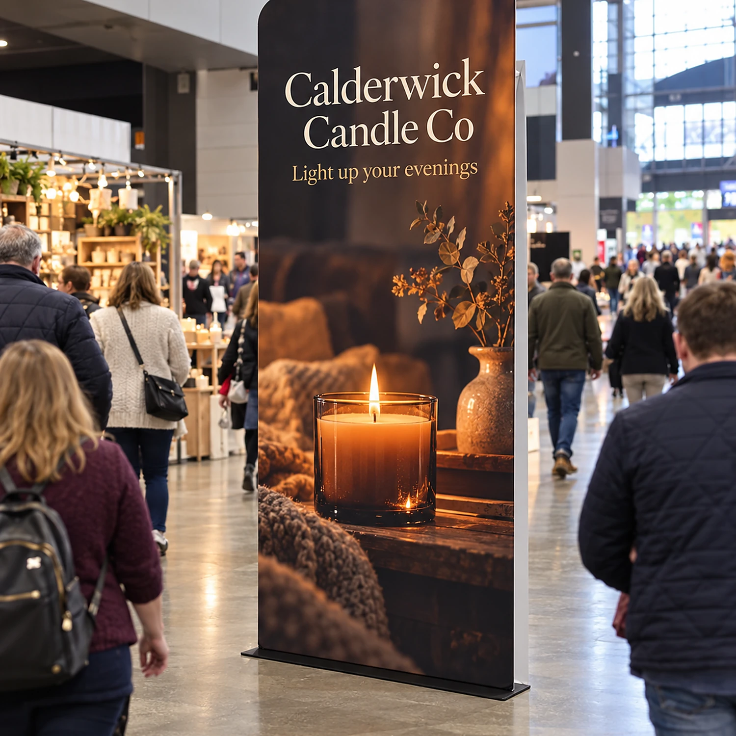 Tension Banner at a consumer show, shown with an example design