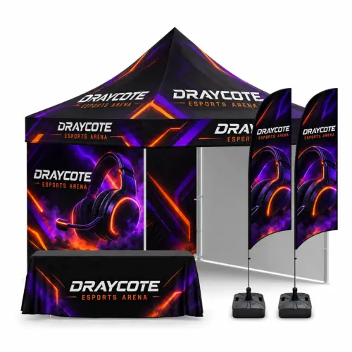 The Ultimate Gazebo Kit - 3m x 6m - Custom Printed with Full Walls, shown with example artwork