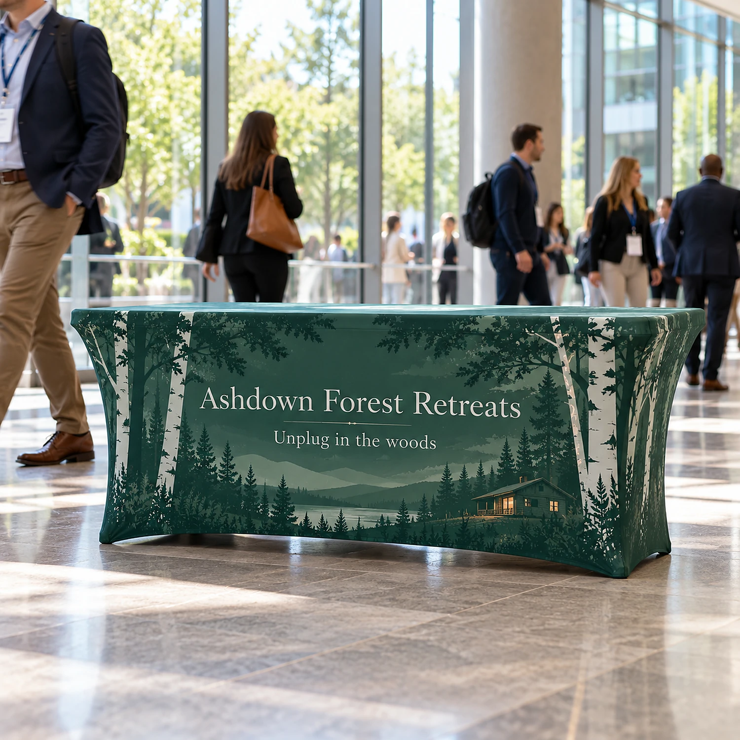 Tight Fitted Table Cloth printed table cover in a conference centre foyer, shown with an example design